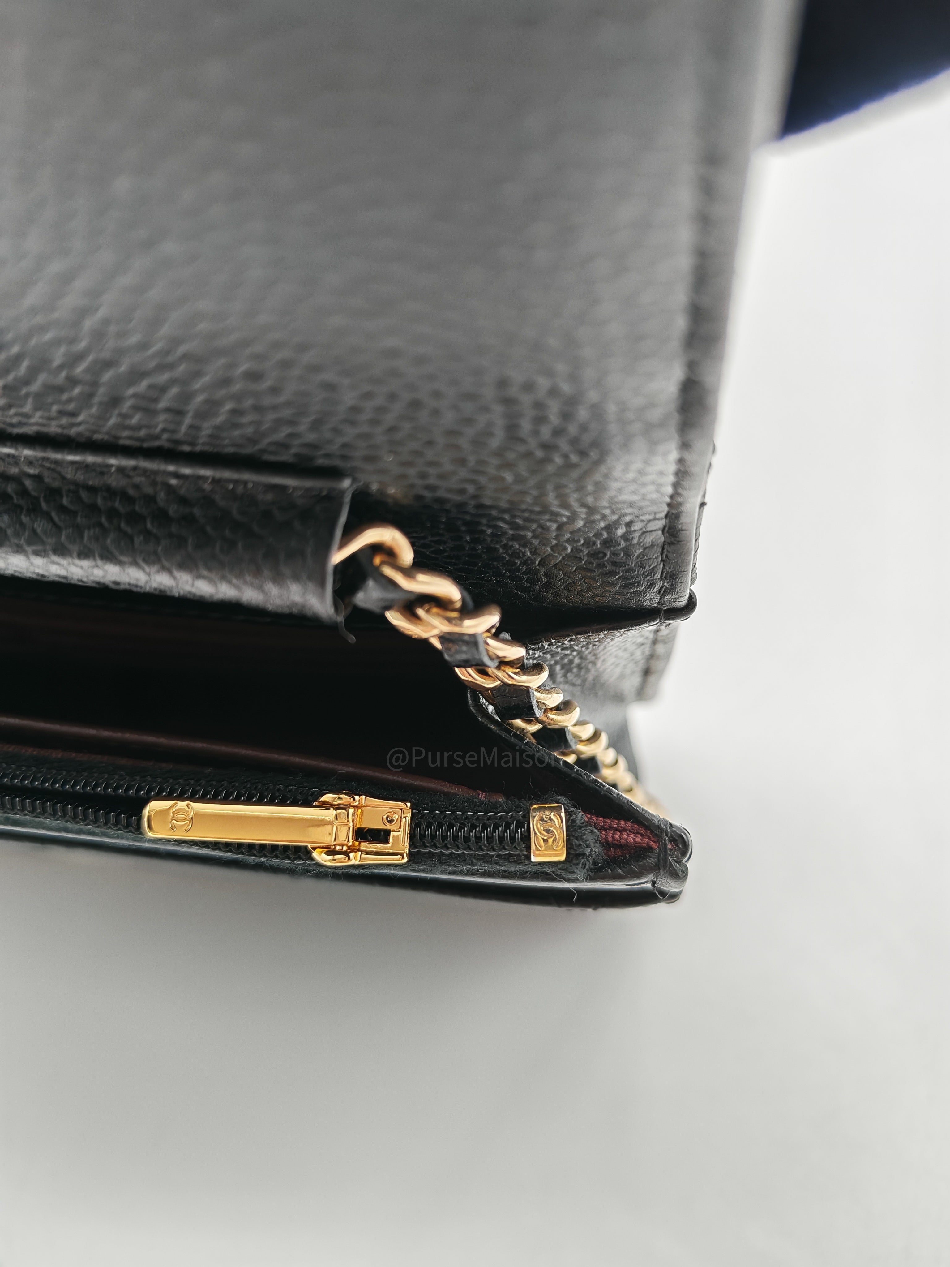 Chanel Wallet on Chain (WOC) in Black Quilted Caviar Leather and Gold Hardware Microchip