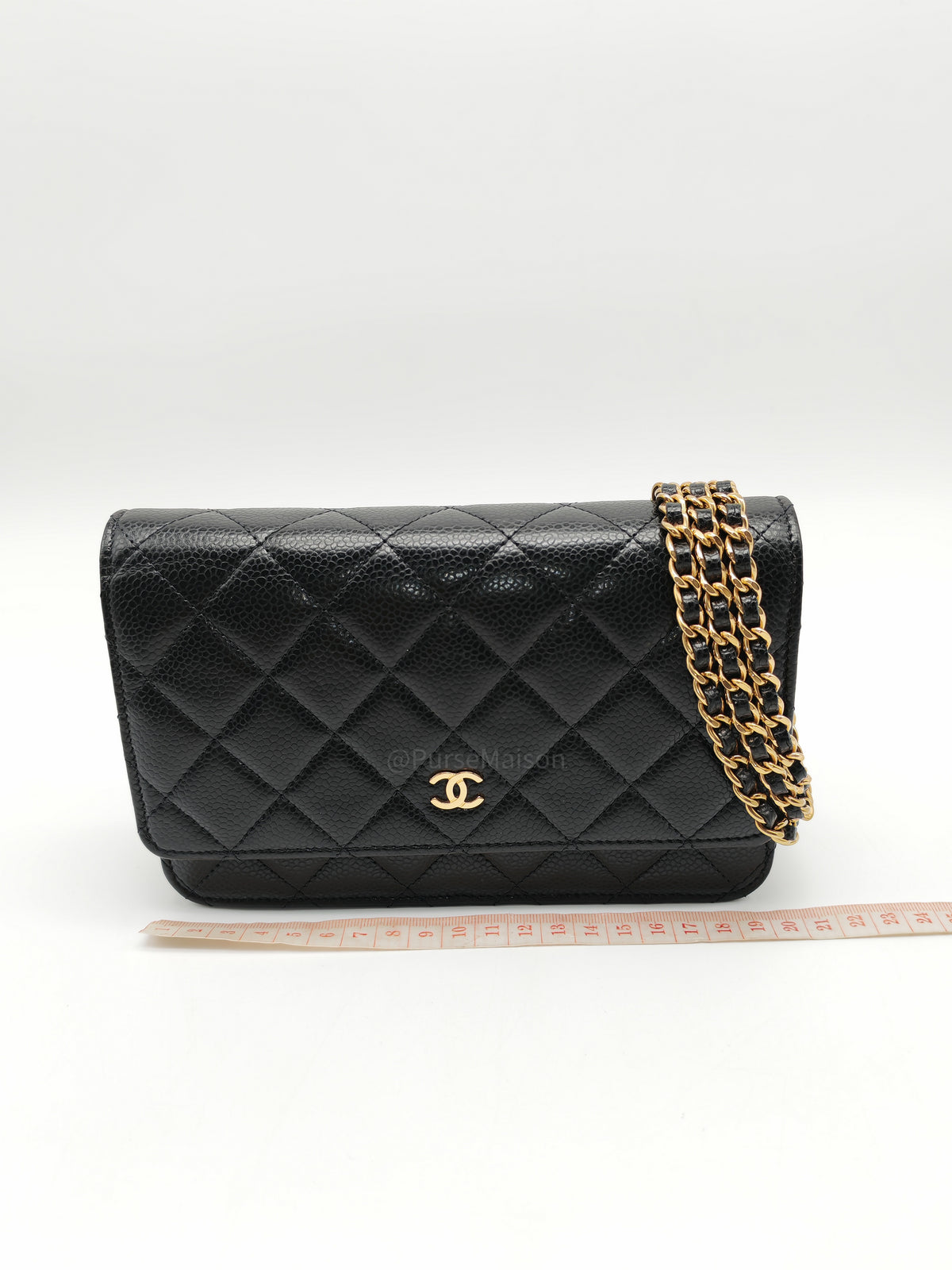 Chanel Wallet on Chain (WOC) in Black Quilted Caviar Leather and Gold Hardware Microchip