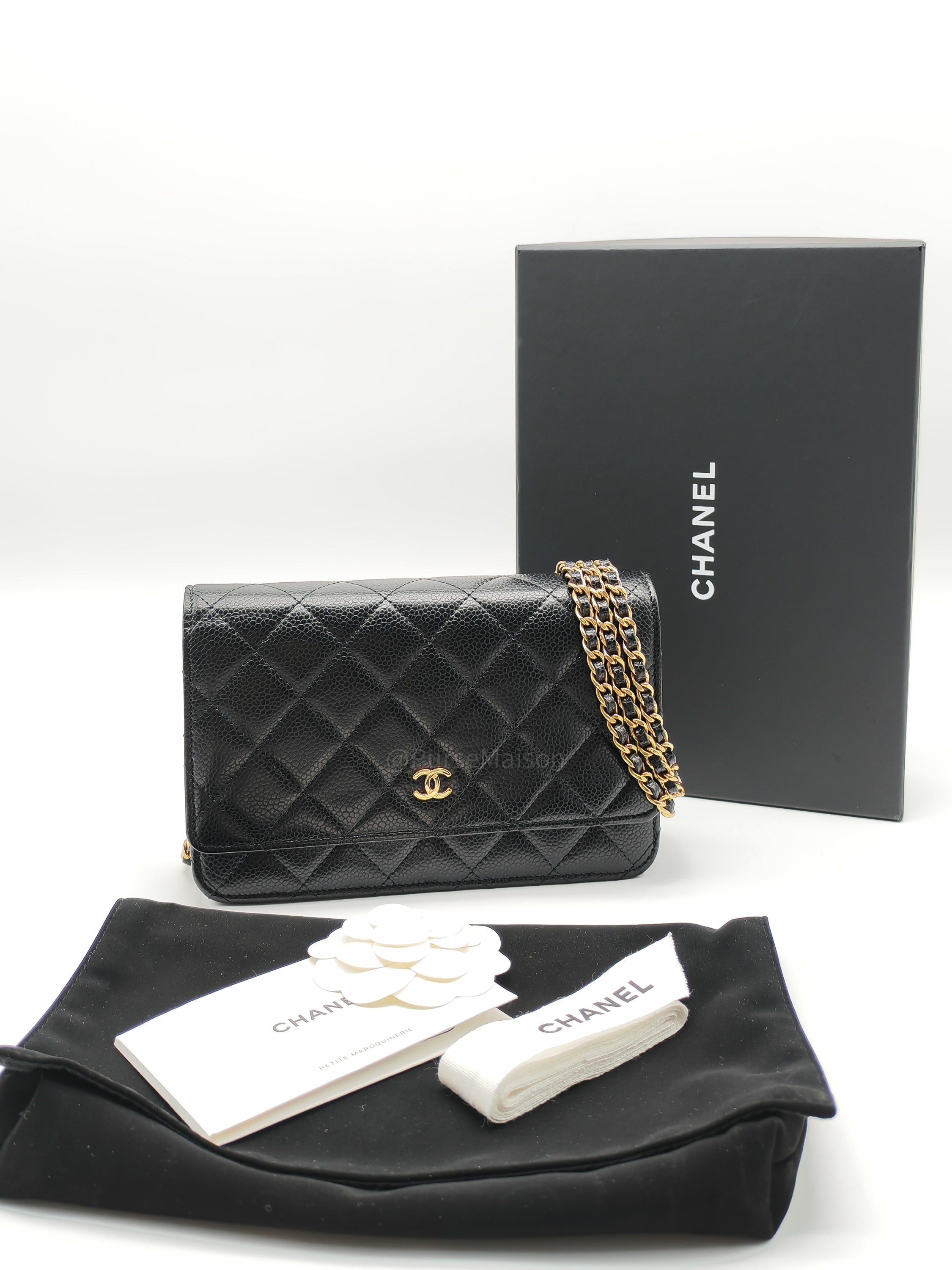 Chanel Wallet on Chain (WOC) in Black Quilted Caviar Leather and Gold Hardware Microchip