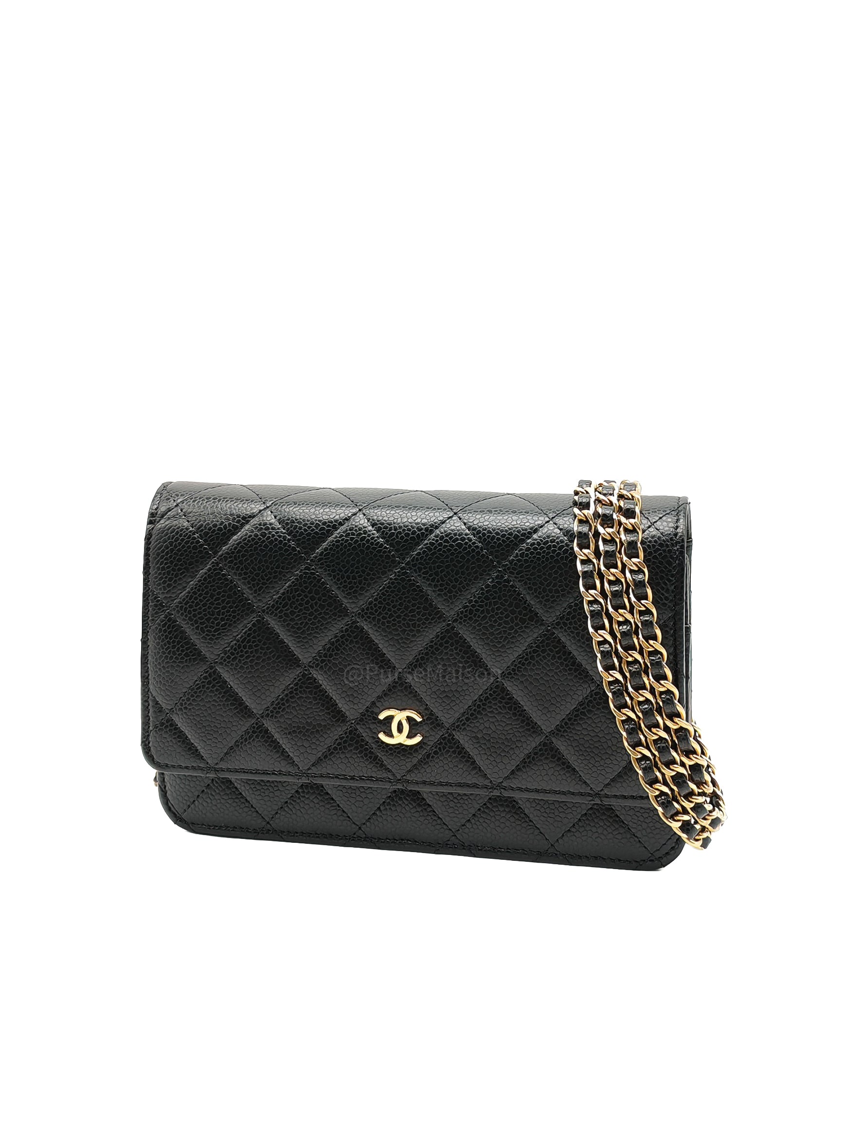 Chanel Wallet on Chain (WOC) in Black Quilted Caviar Leather and Gold Hardware Microchip