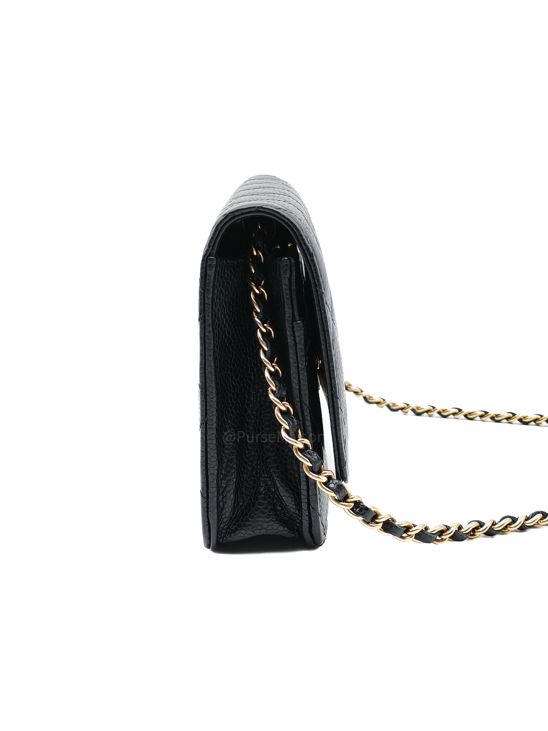 Chanel Wallet on Chain (WOC) in Black Quilted Caviar Leather and Gold Hardware Microchip