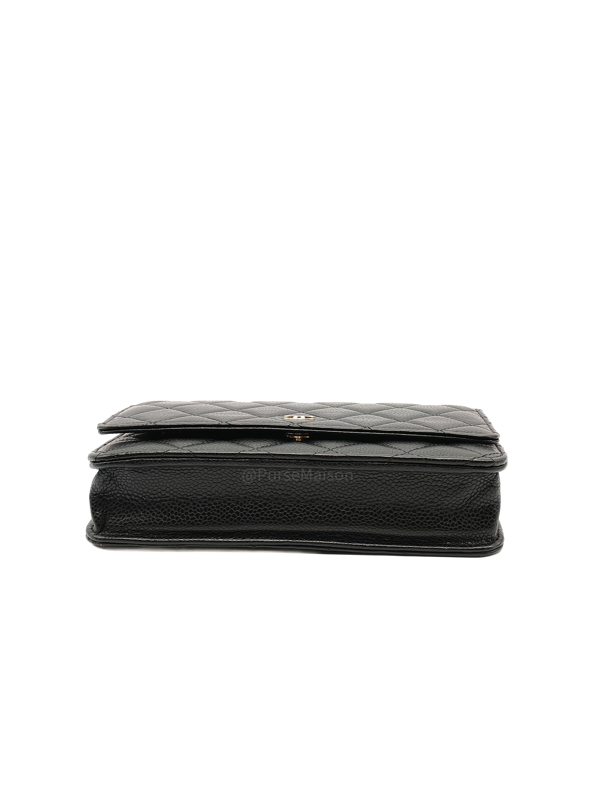 Chanel Wallet on Chain (WOC) in Black Quilted Caviar Leather and Gold Hardware Microchip