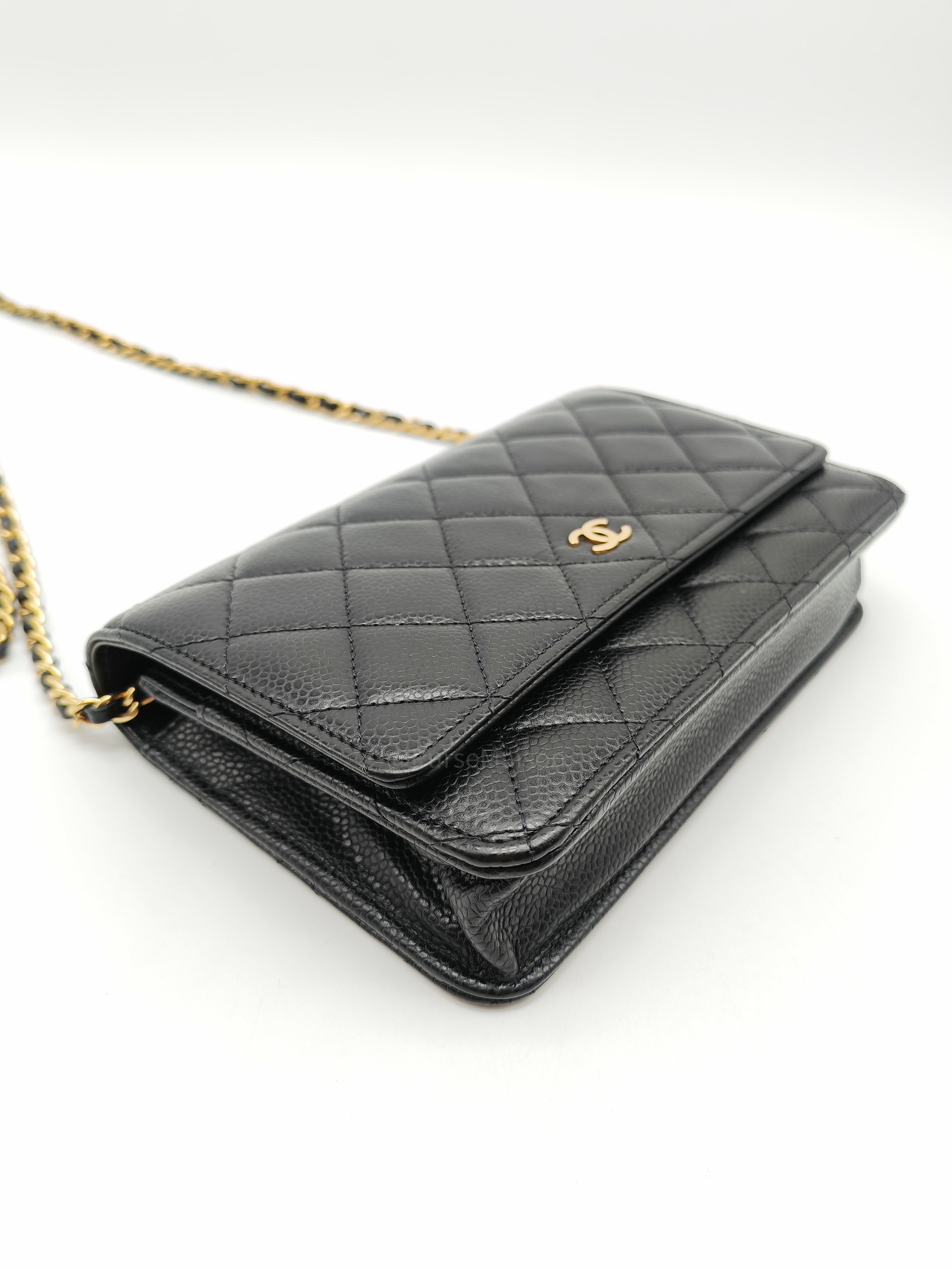 Chanel Wallet on Chain (WOC) in Black Quilted Caviar Leather and Gold Hardware Microchip