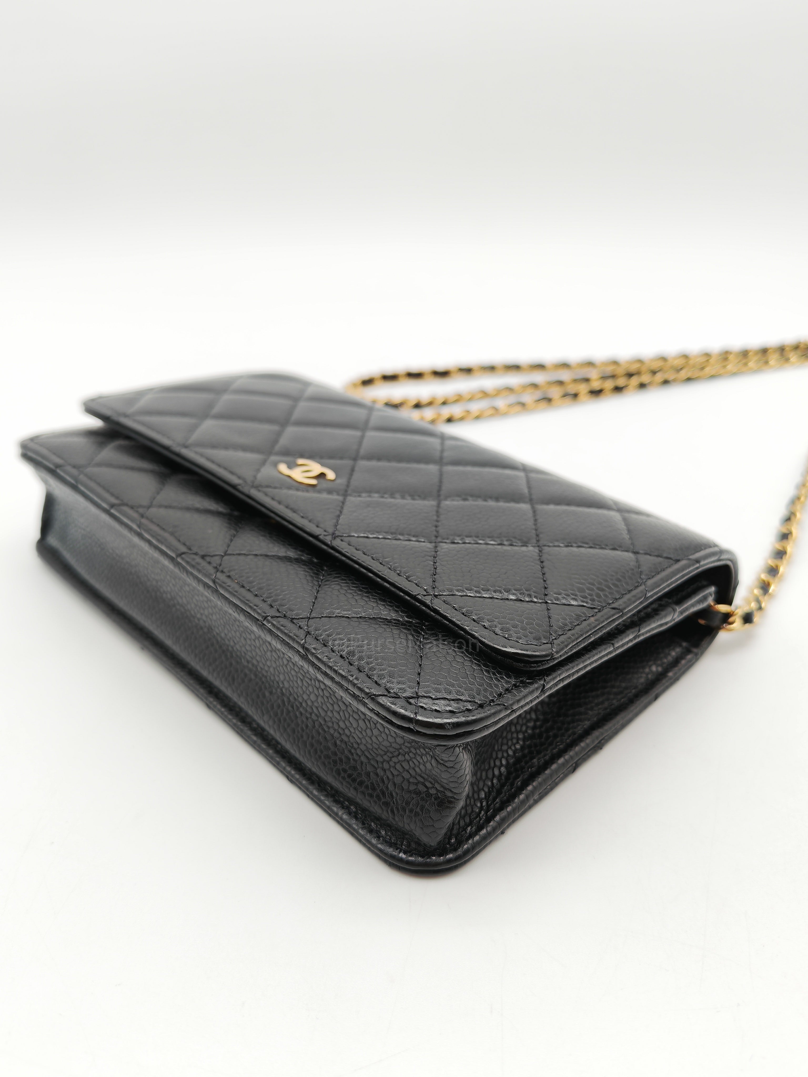 Chanel Wallet on Chain (WOC) in Black Quilted Caviar Leather and Gold Hardware Microchip