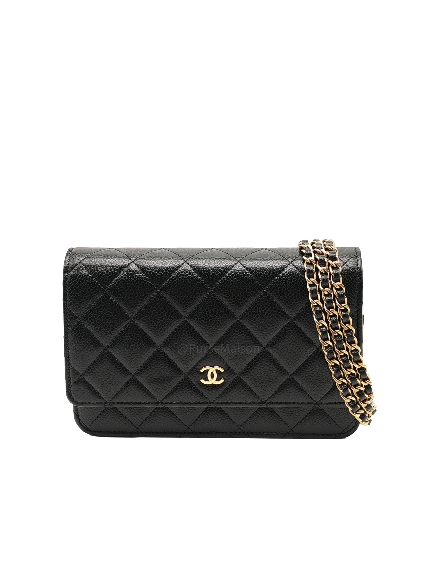 Chanel Wallet on Chain (WOC) in Black Quilted Caviar Leather and Gold Hardware Microchip
