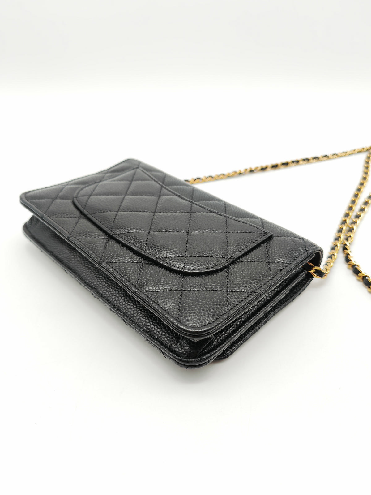 Chanel Wallet on Chain (WOC) in Black Quilted Caviar Leather & Gold Hardware Microchip