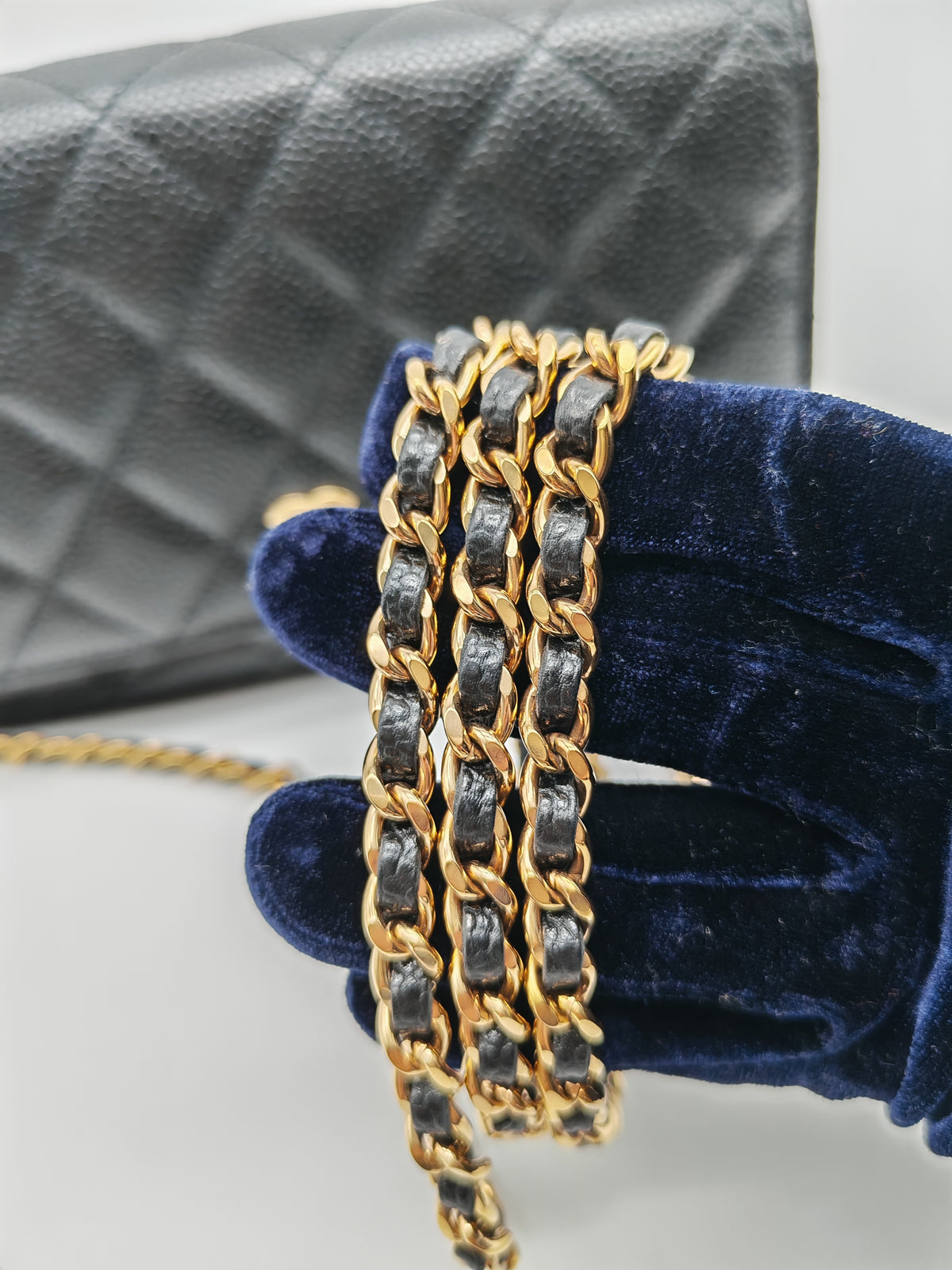 Chanel Wallet on Chain (WOC) in Black Quilted Caviar Leather & Gold Hardware Microchip
