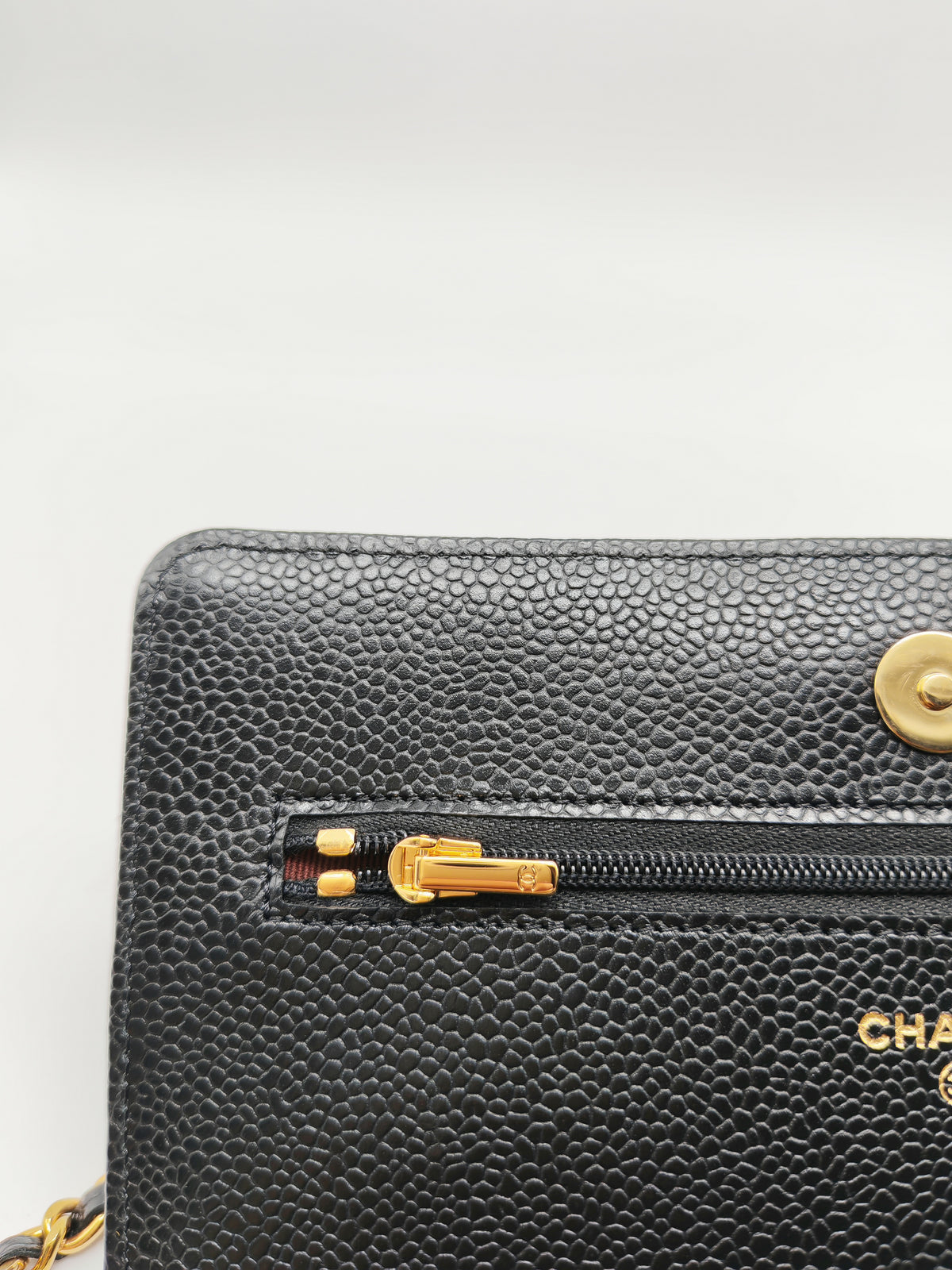 Chanel Wallet on Chain (WOC) in Black Quilted Caviar Leather & Gold Hardware Microchip