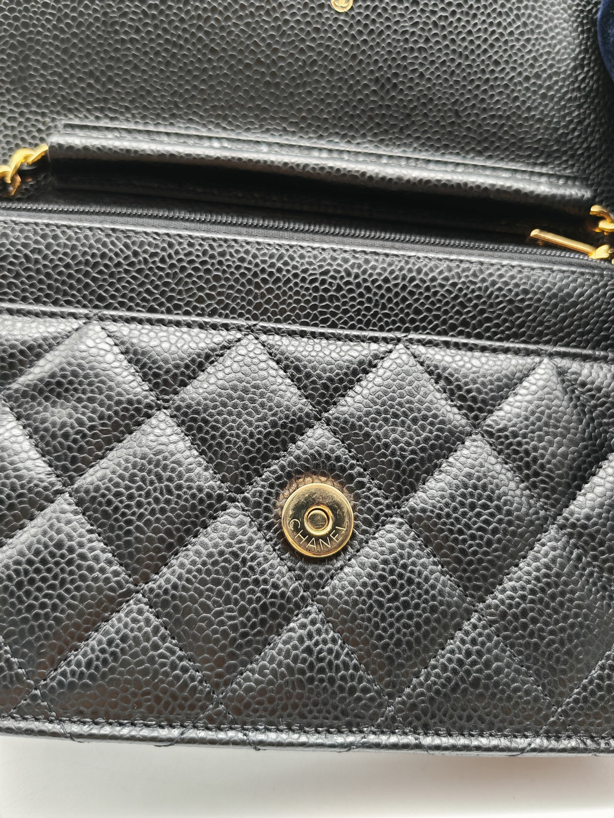 Chanel Wallet on Chain (WOC) in Black Quilted Caviar Leather & Gold Hardware Microchip