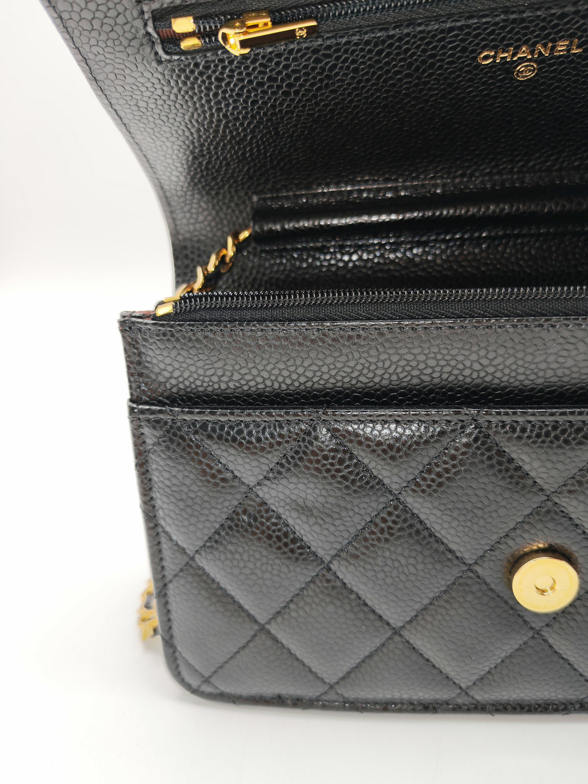 Chanel Wallet on Chain (WOC) in Black Quilted Caviar Leather & Gold Hardware Microchip