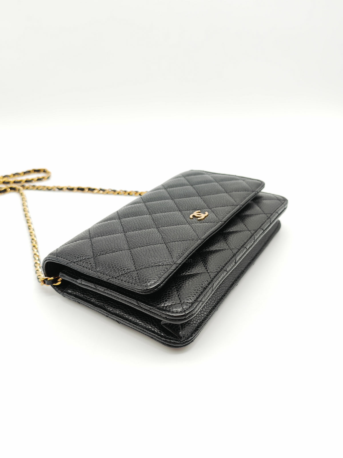 Chanel Wallet on Chain (WOC) in Black Quilted Caviar Leather & Gold Hardware Microchip