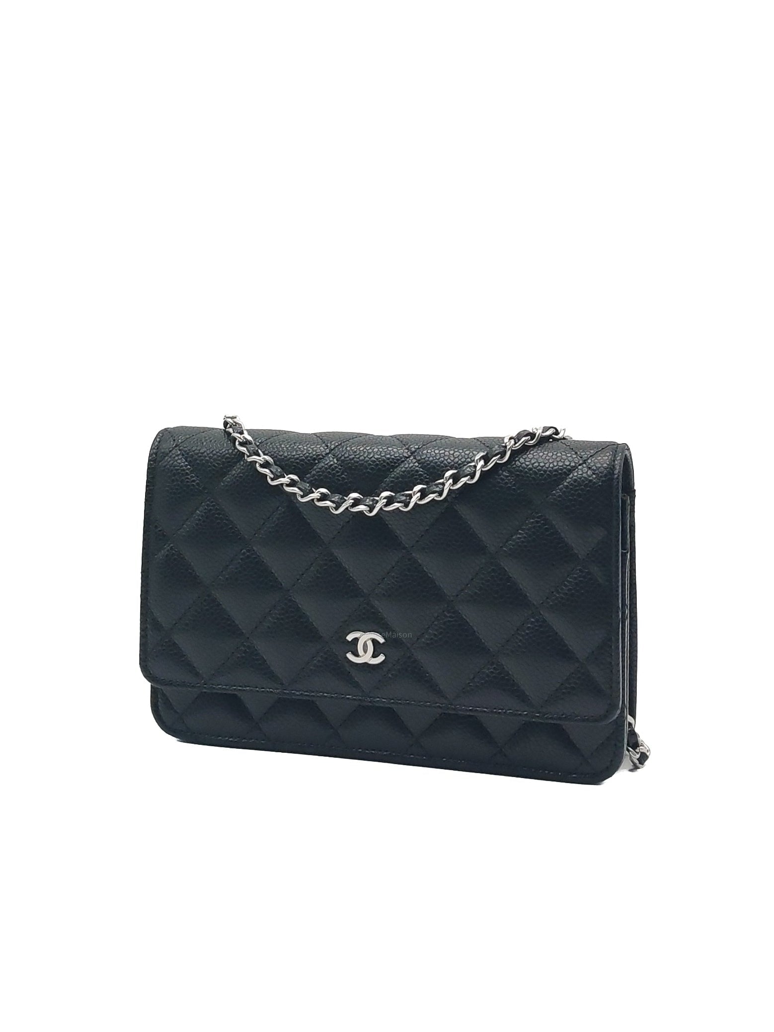 Chanel Classic Wallet on Chain (WOC) in Black Caviar Leather Silver Hardware Microchip (HJ****5J)