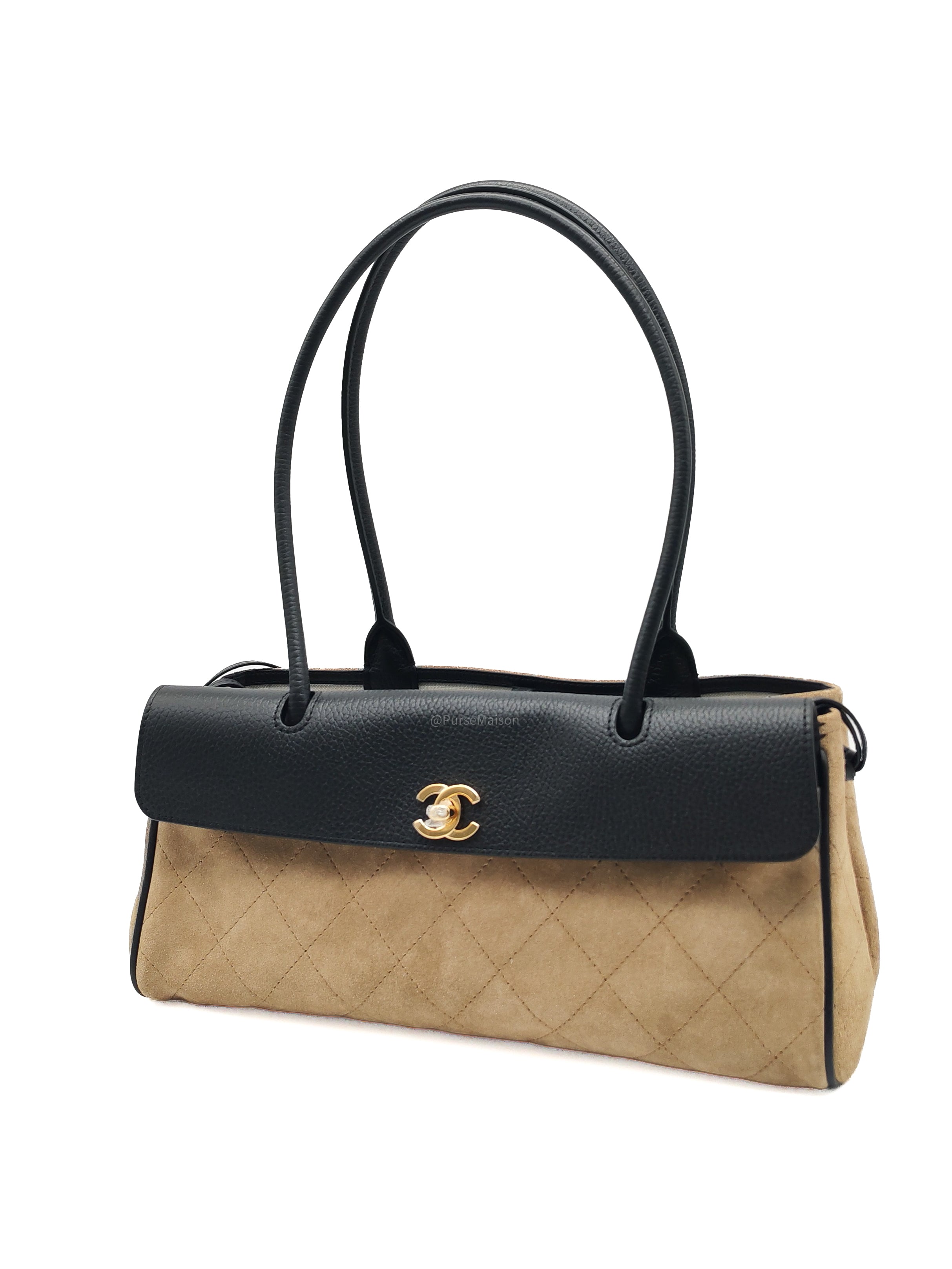 Chanel 26 Urban Essential Matthieu Blazy Small Tote Bag in Black Beige Suede Leather and Gold Hardware Microchip