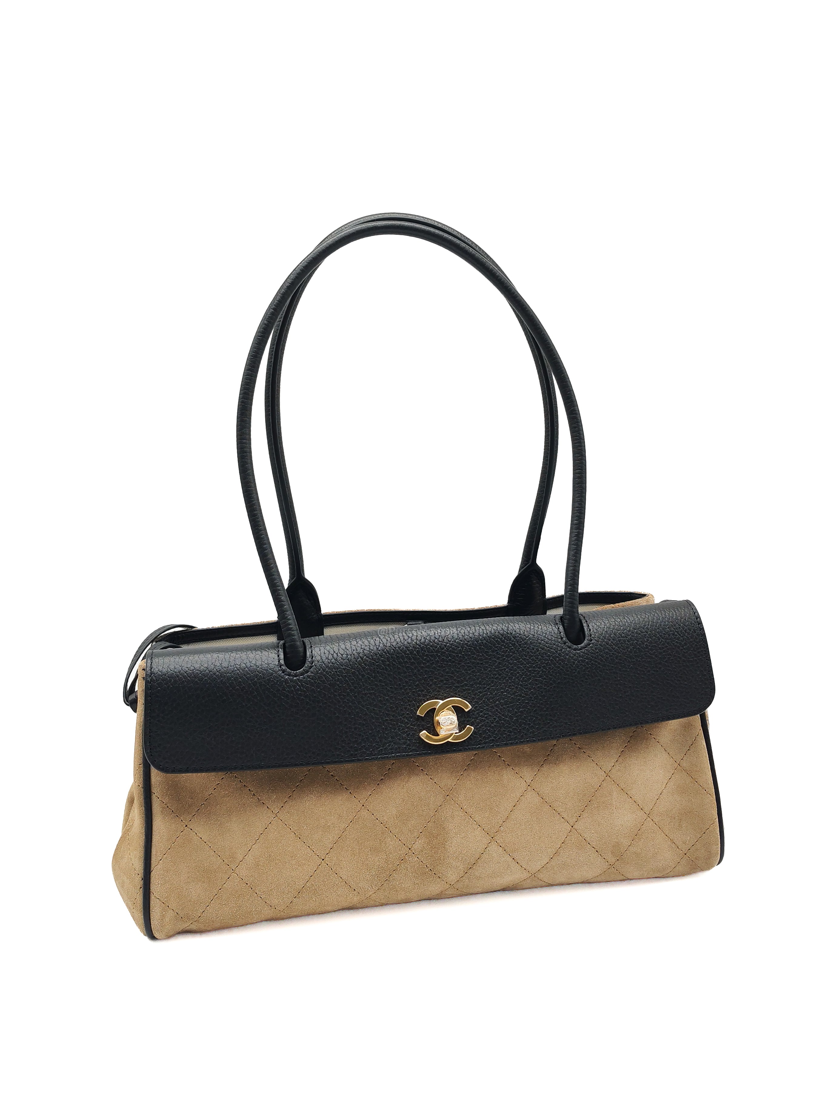 Chanel 26 Urban Essential Matthieu Blazy Small Tote Bag in Black Beige Suede Leather and Gold Hardware Microchip