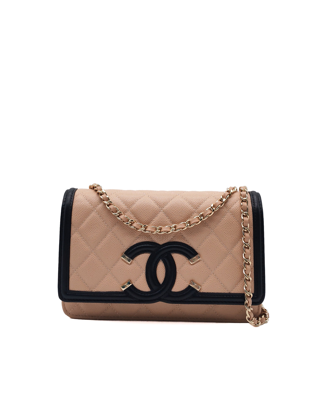 Chanel CC Filigree Wallet on Chain in Beige and Black Caviar Leather and Gold Hardware Series 30