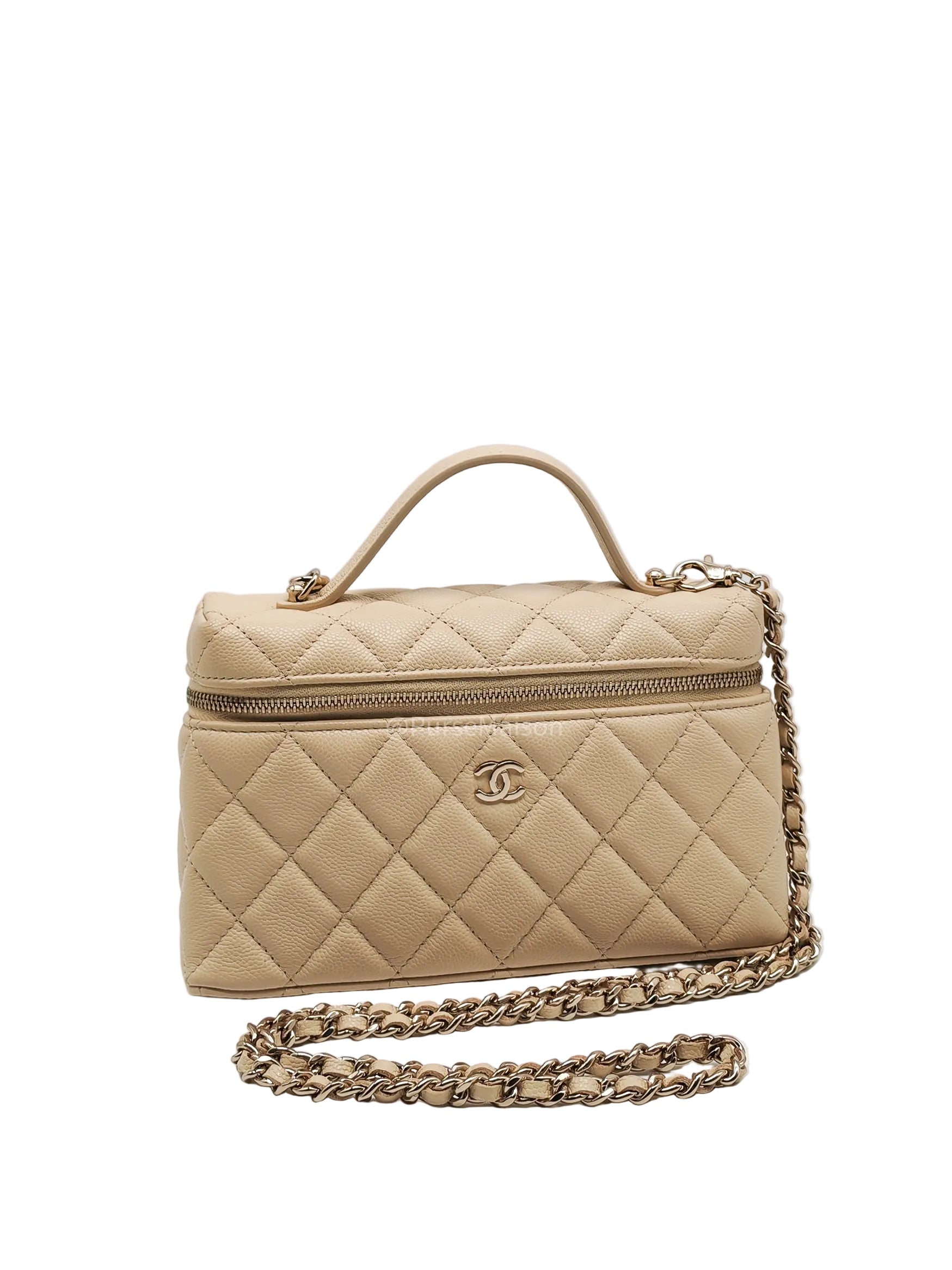 Chanel Top Handle Vanity Case in Light Beige Caviar Leather Light Gold Hardware (Microchip)