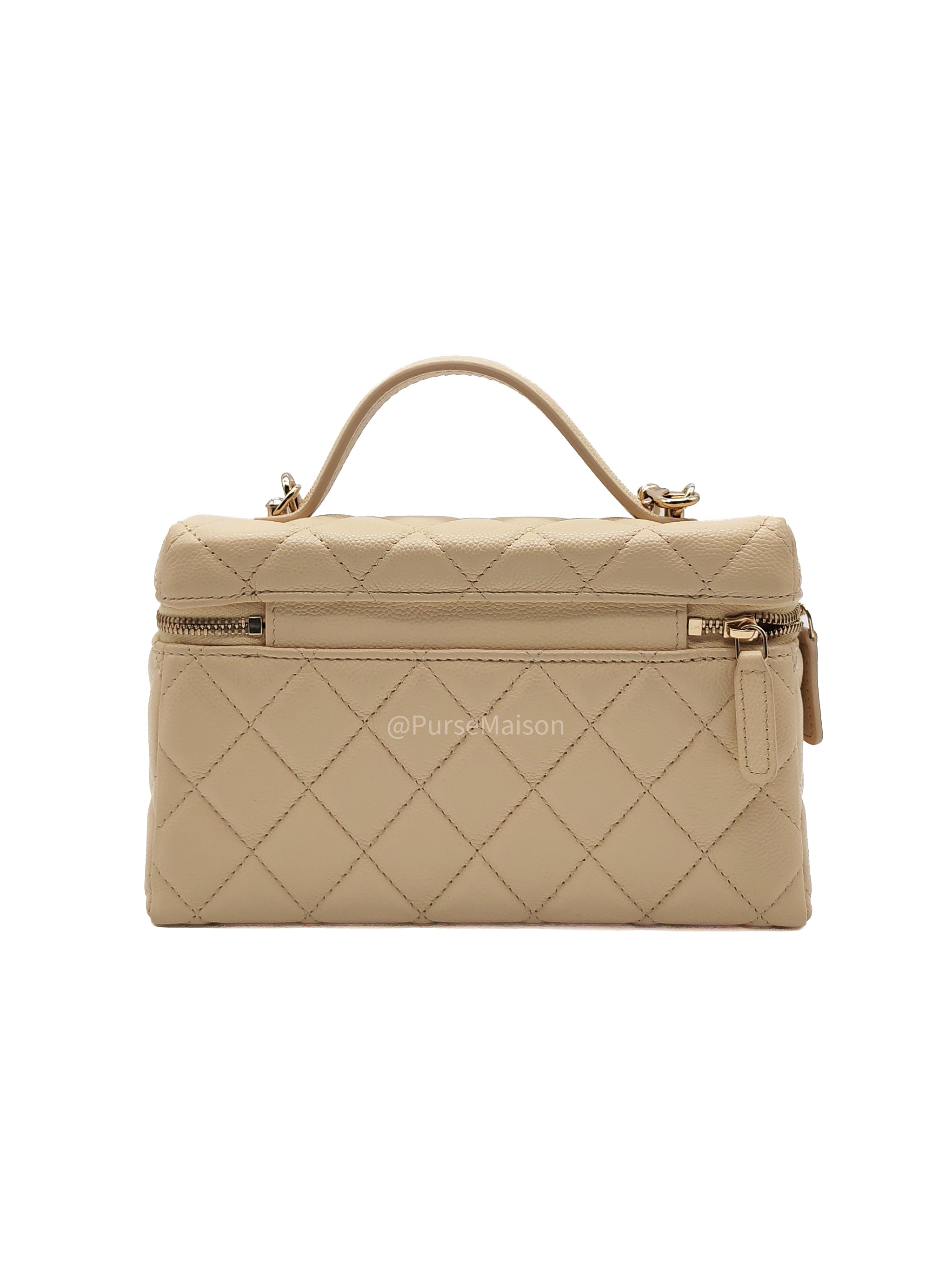 Chanel Top Handle Vanity Case in Light Beige Caviar Leather Light Gold Hardware (Microchip)