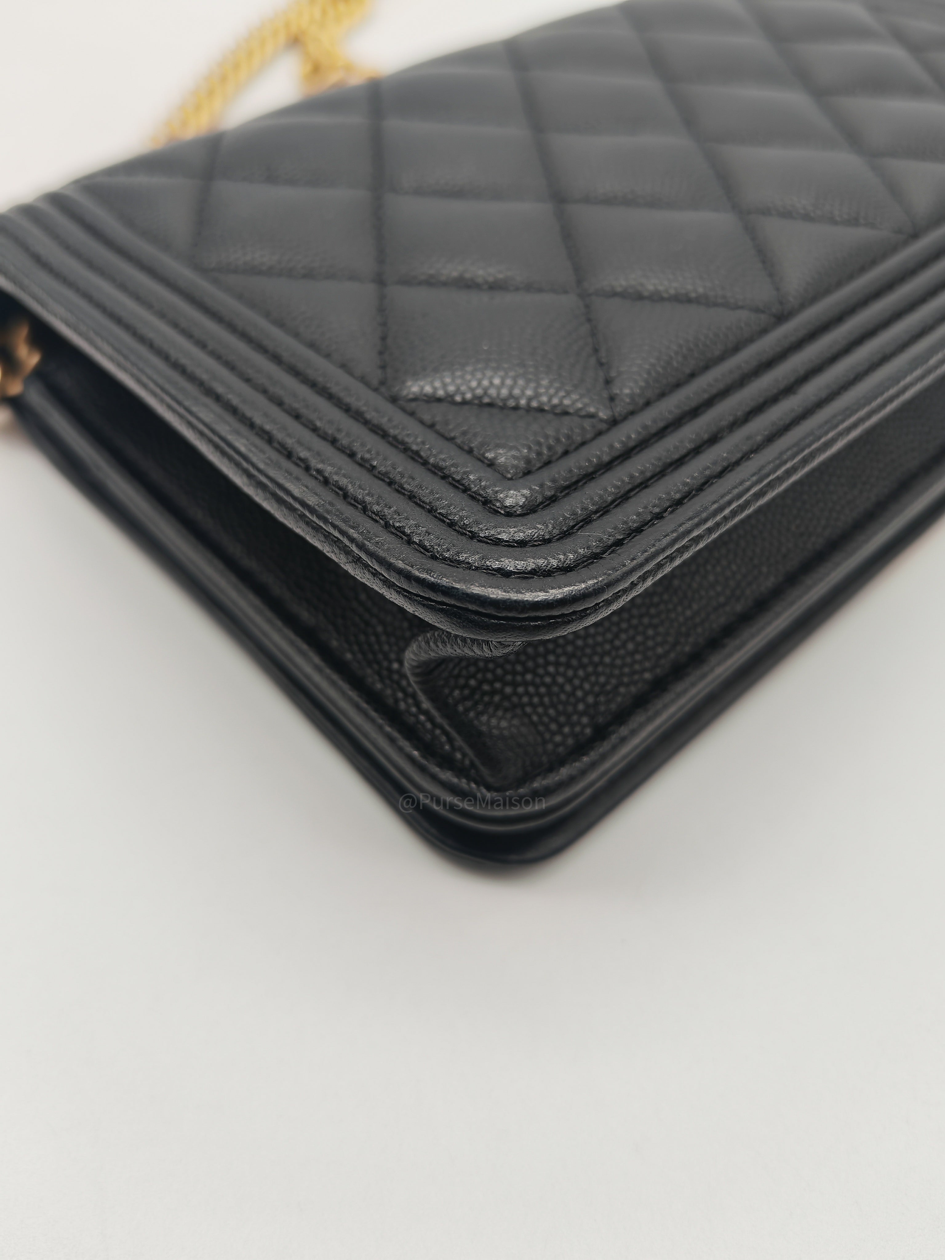 Chanel Boy Wallet On Chain in Black Quilted Caviar Leather and Aged Gold Hardware Microchip