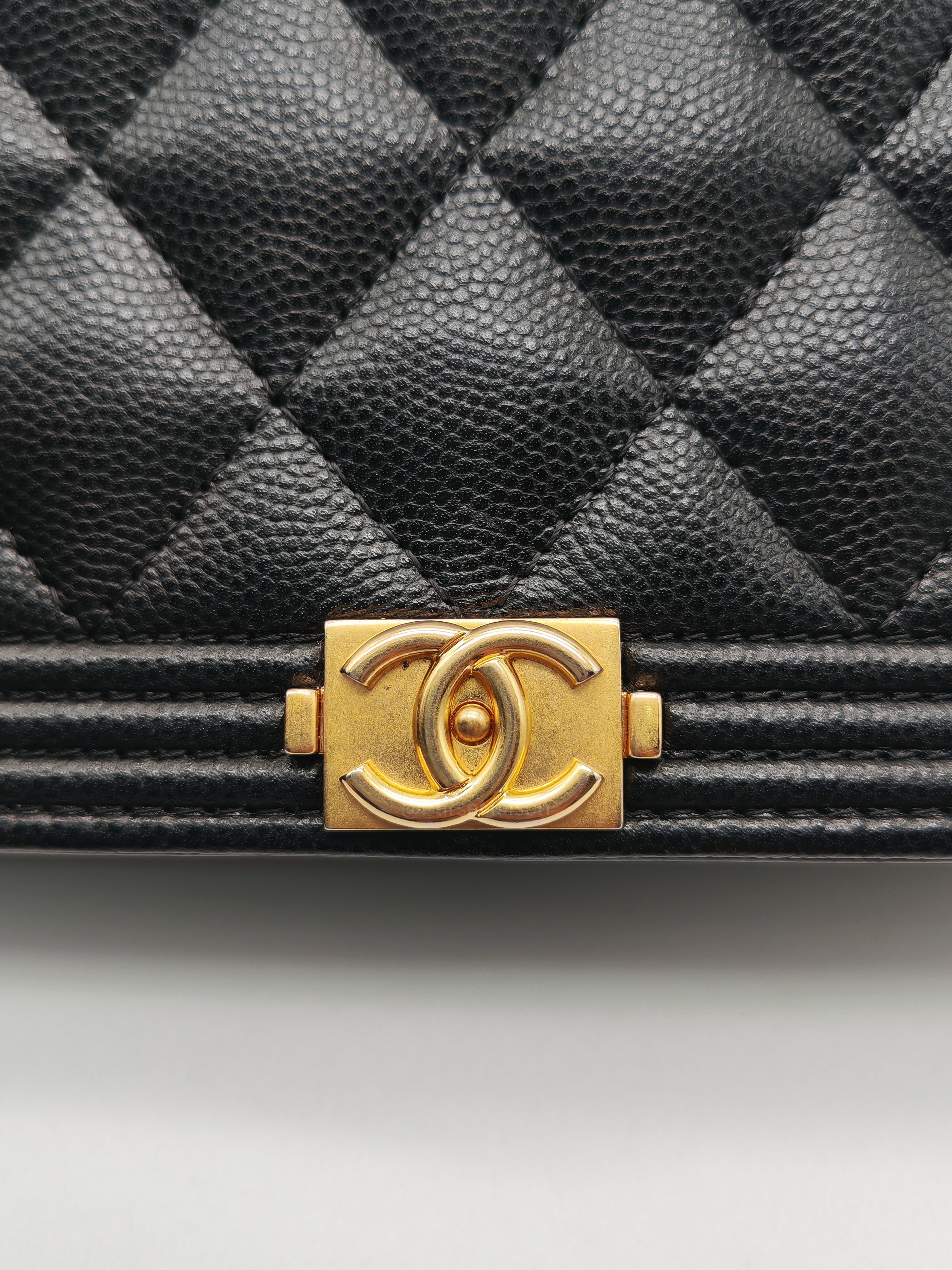 Chanel Boy Wallet On Chain in Black Quilted Caviar Leather and Aged Gold Hardware Microchip