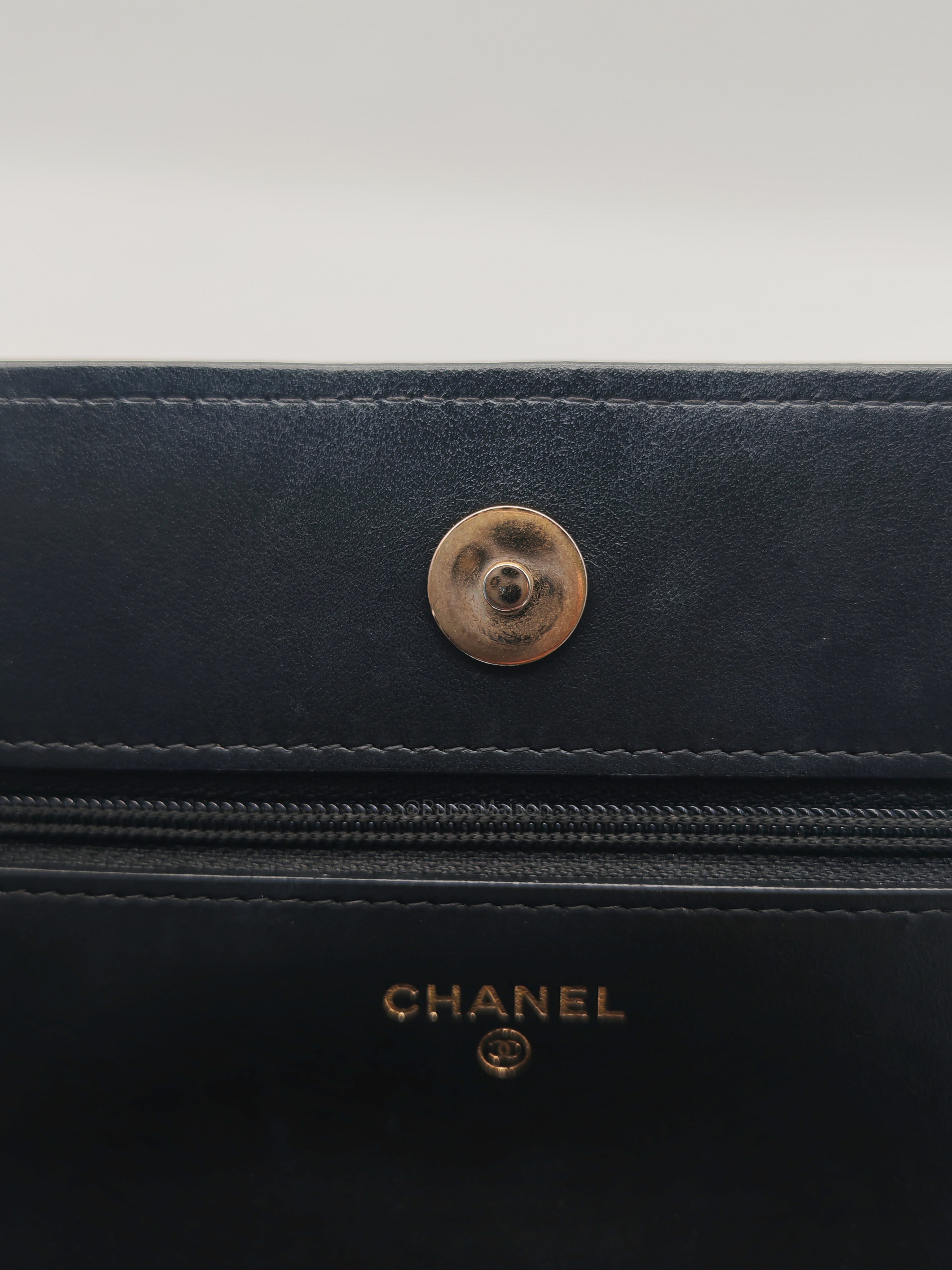 Chanel Boy Wallet On Chain in Black Quilted Caviar Leather and Aged Gold Hardware Microchip