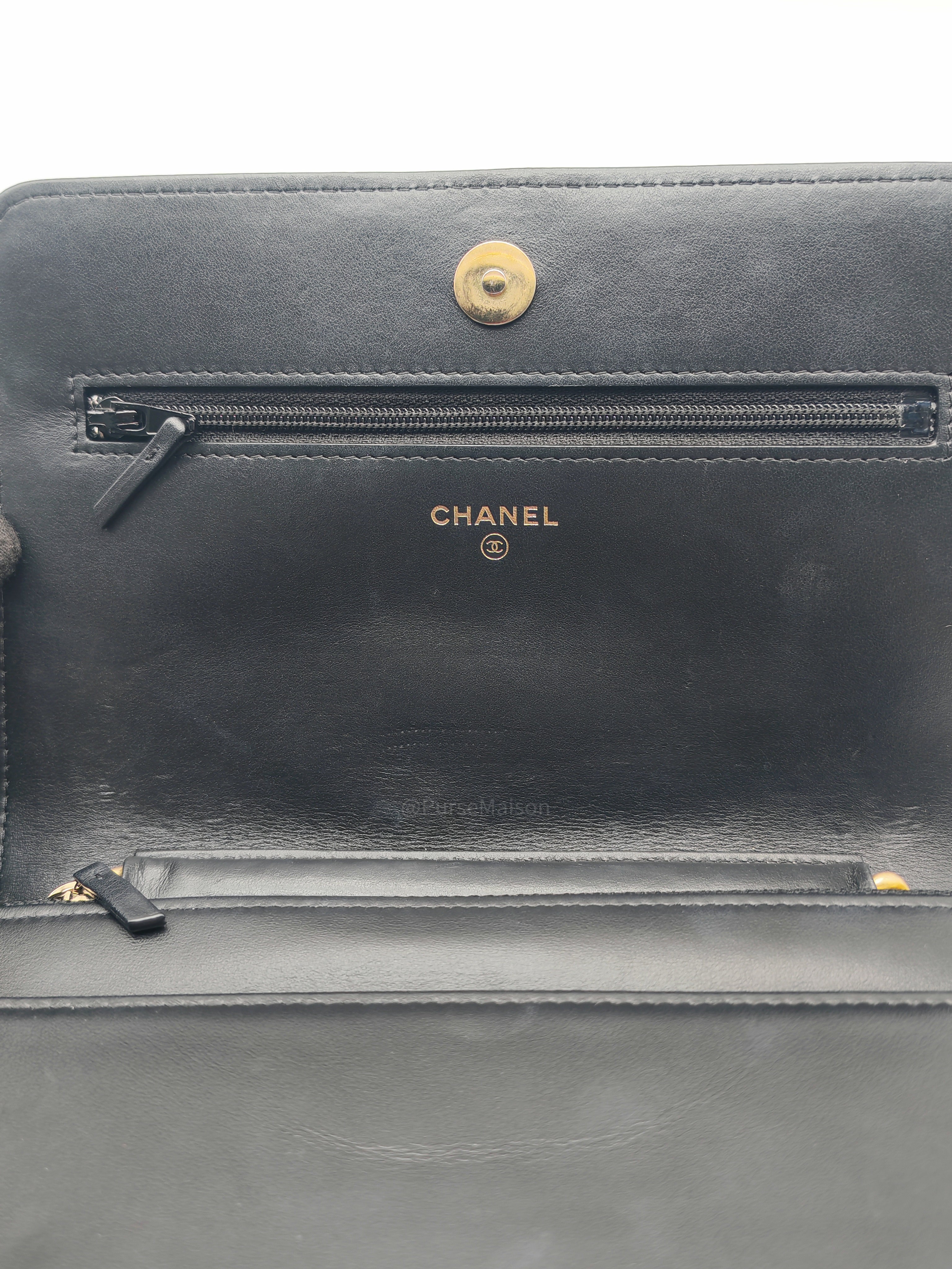 Chanel Boy Wallet On Chain in Black Quilted Caviar Leather and Aged Gold Hardware Microchip