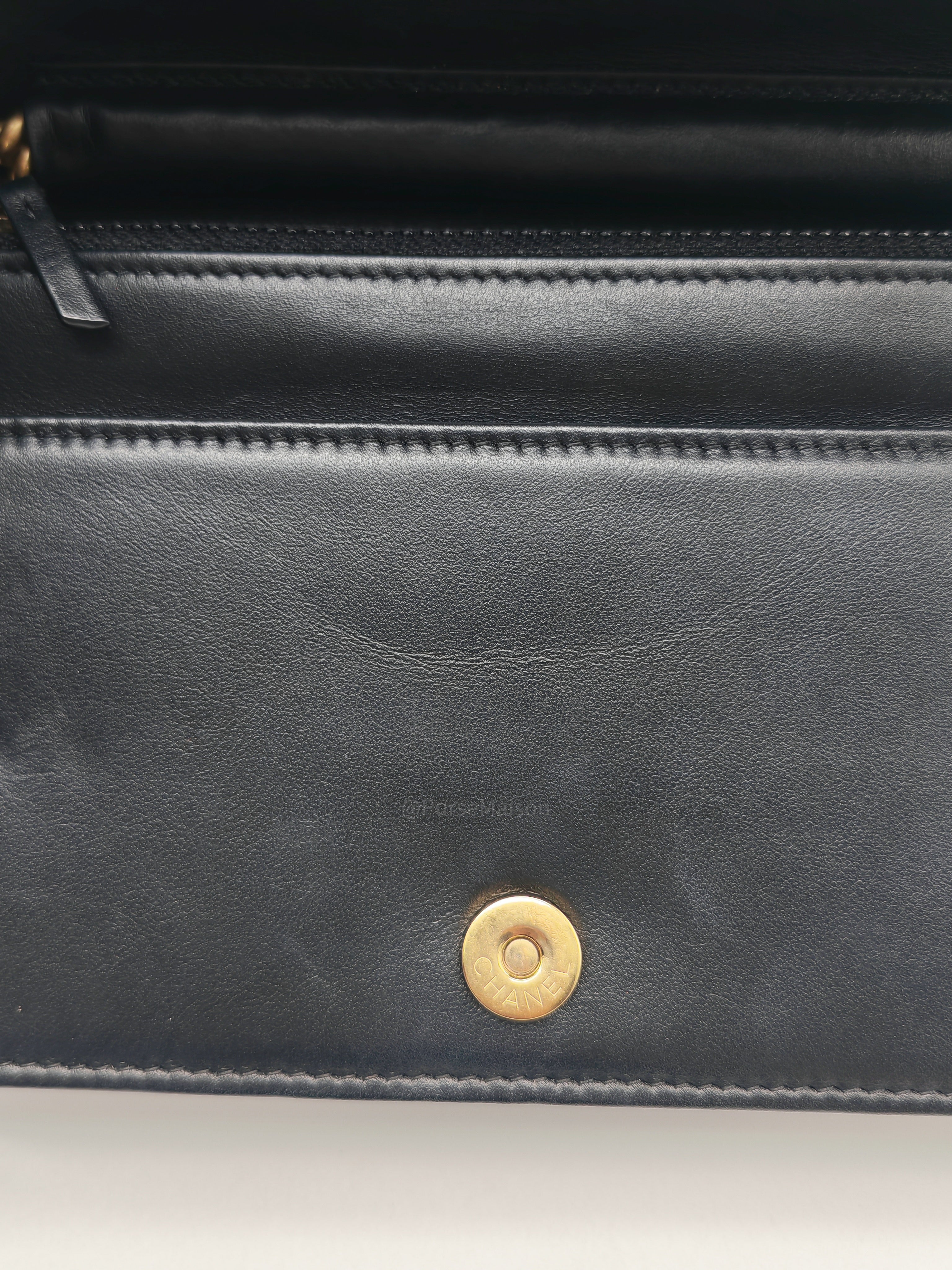 Chanel Boy Wallet On Chain in Black Quilted Caviar Leather and Aged Gold Hardware Microchip