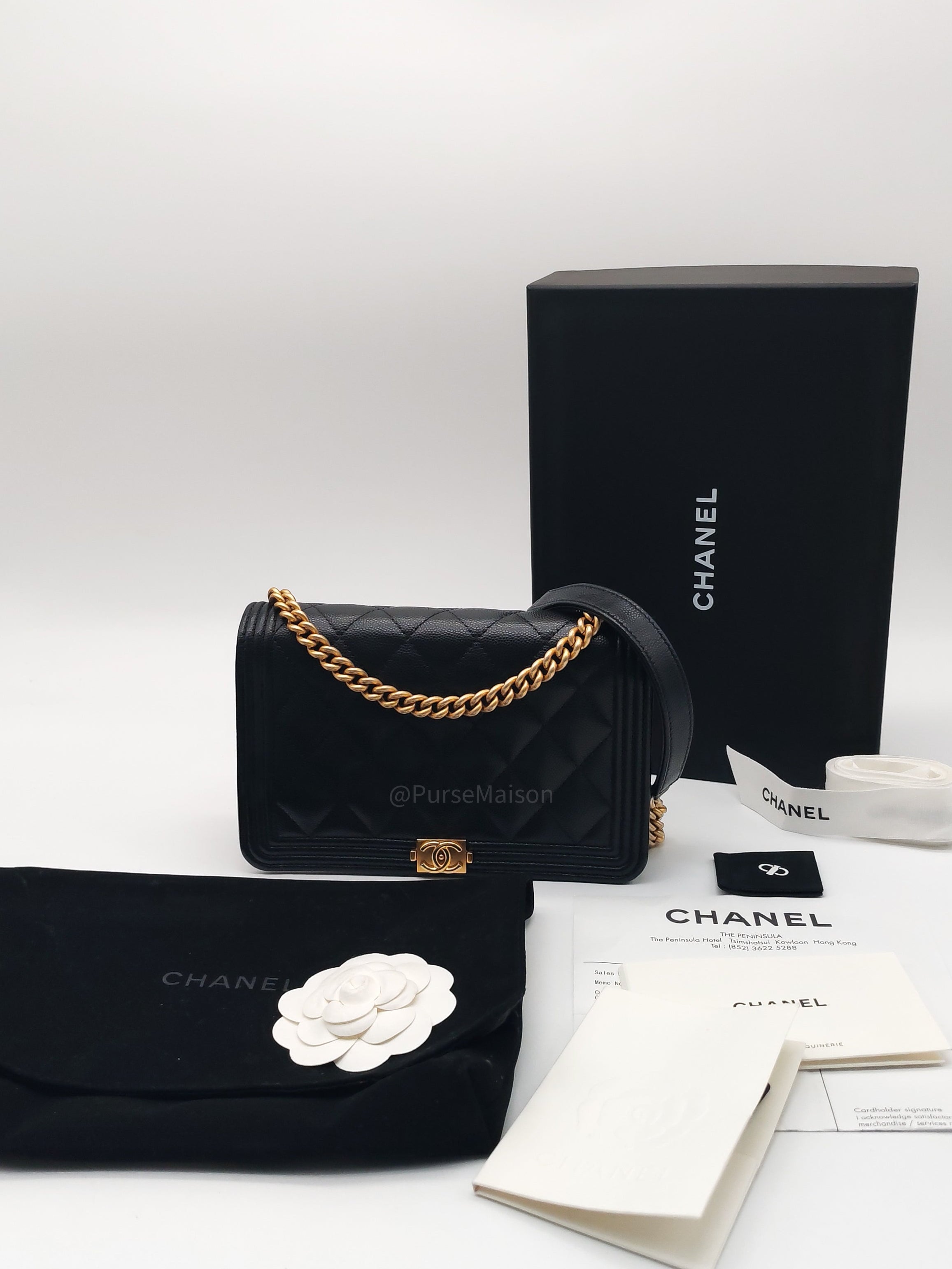 Chanel Boy Wallet On Chain in Black Quilted Caviar Leather and Aged Gold Hardware Microchip