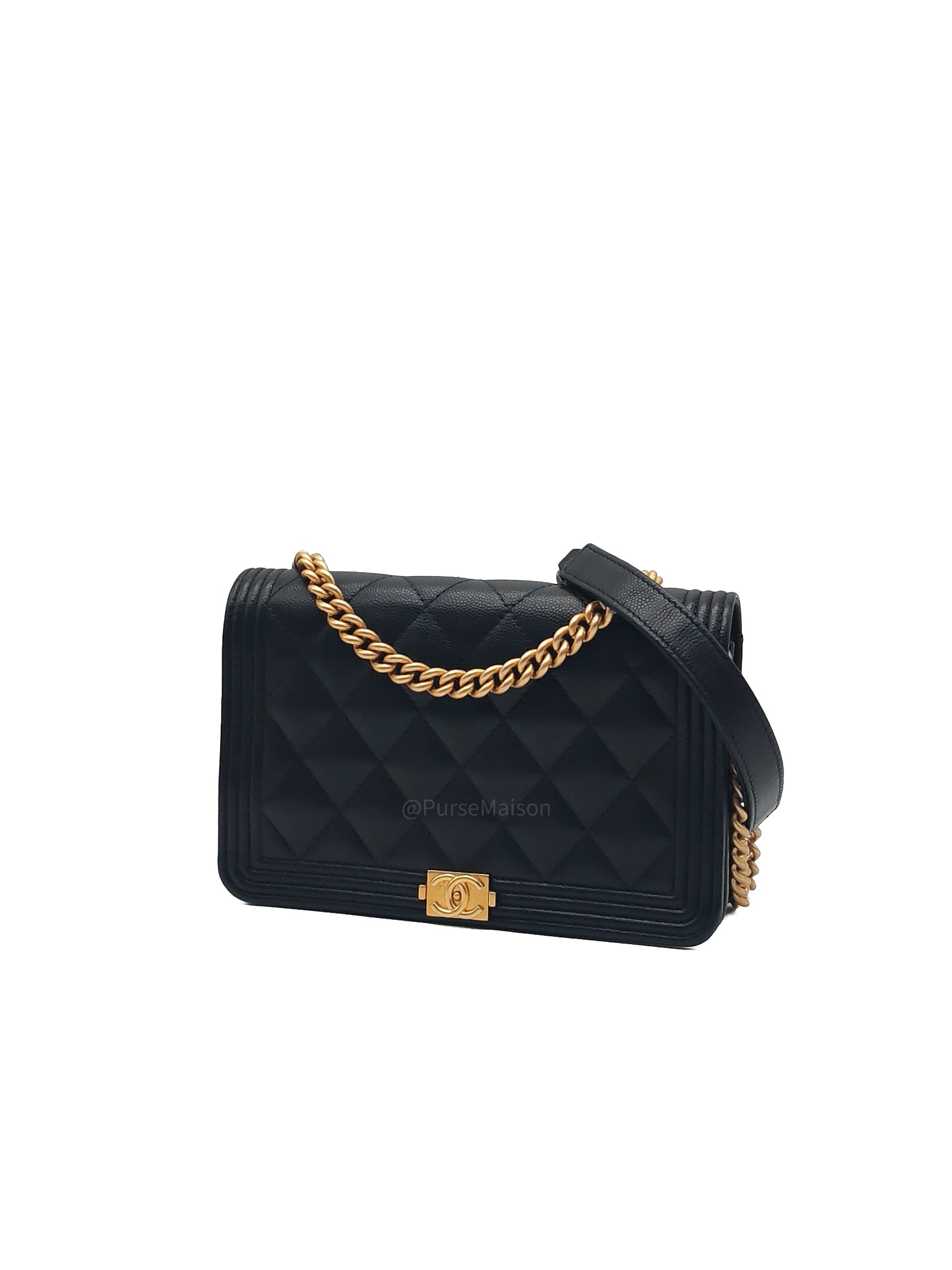 Chanel Boy Wallet On Chain in Black Quilted Caviar Leather and Aged Gold Hardware Microchip