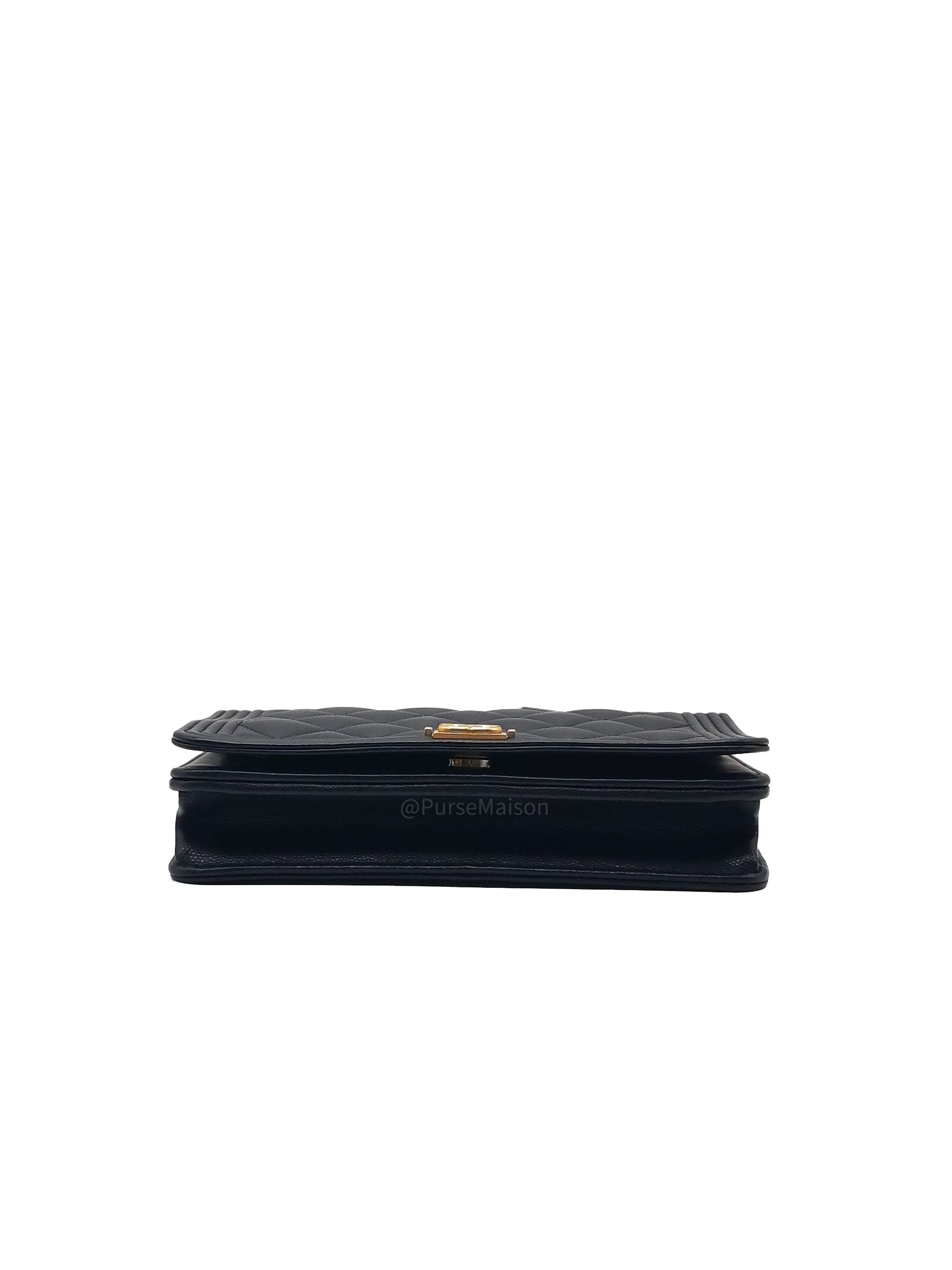 Chanel Boy Wallet On Chain in Black Quilted Caviar Leather and Aged Gold Hardware Microchip