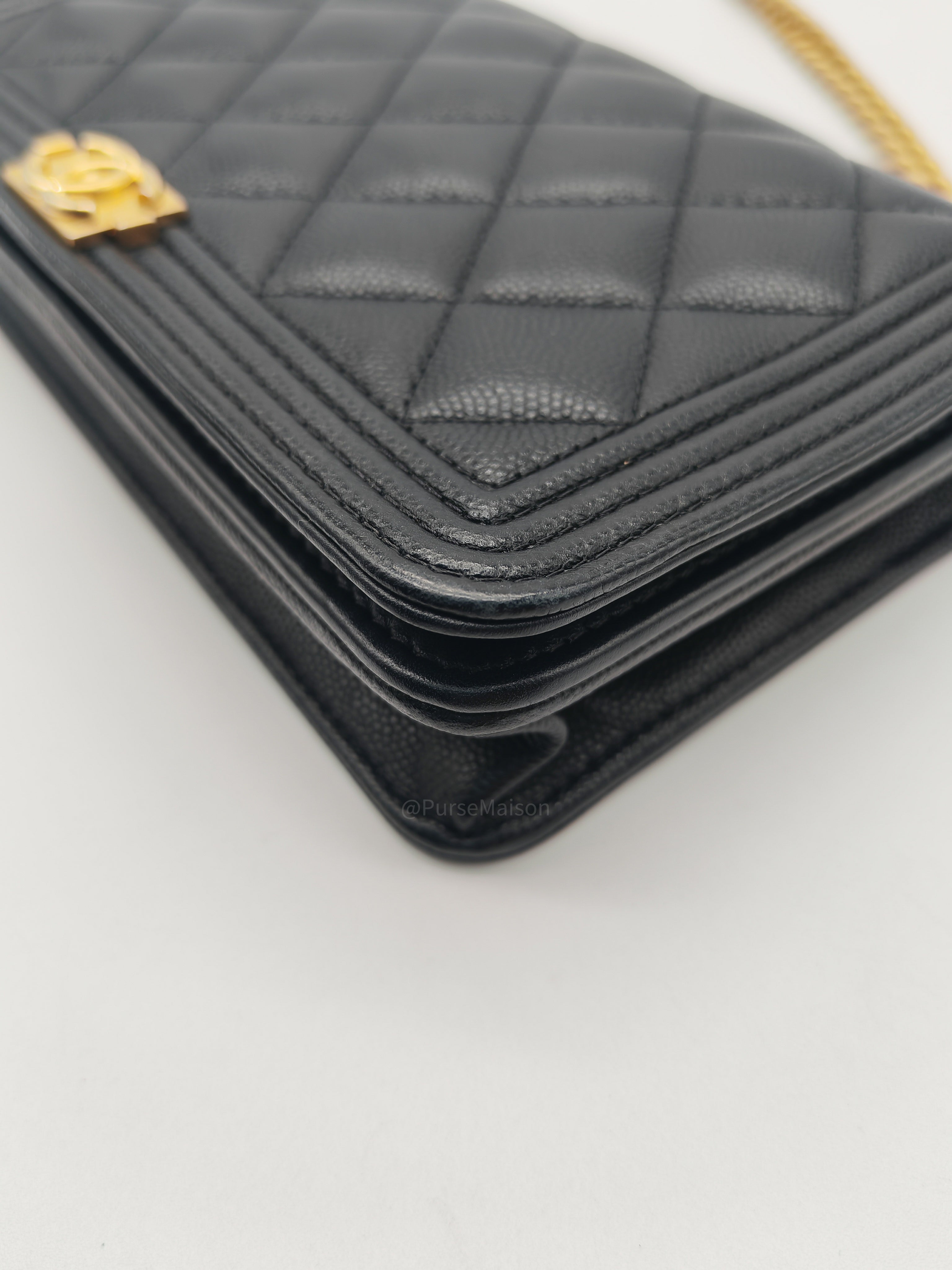 Chanel Boy Wallet On Chain in Black Quilted Caviar Leather and Aged Gold Hardware Microchip
