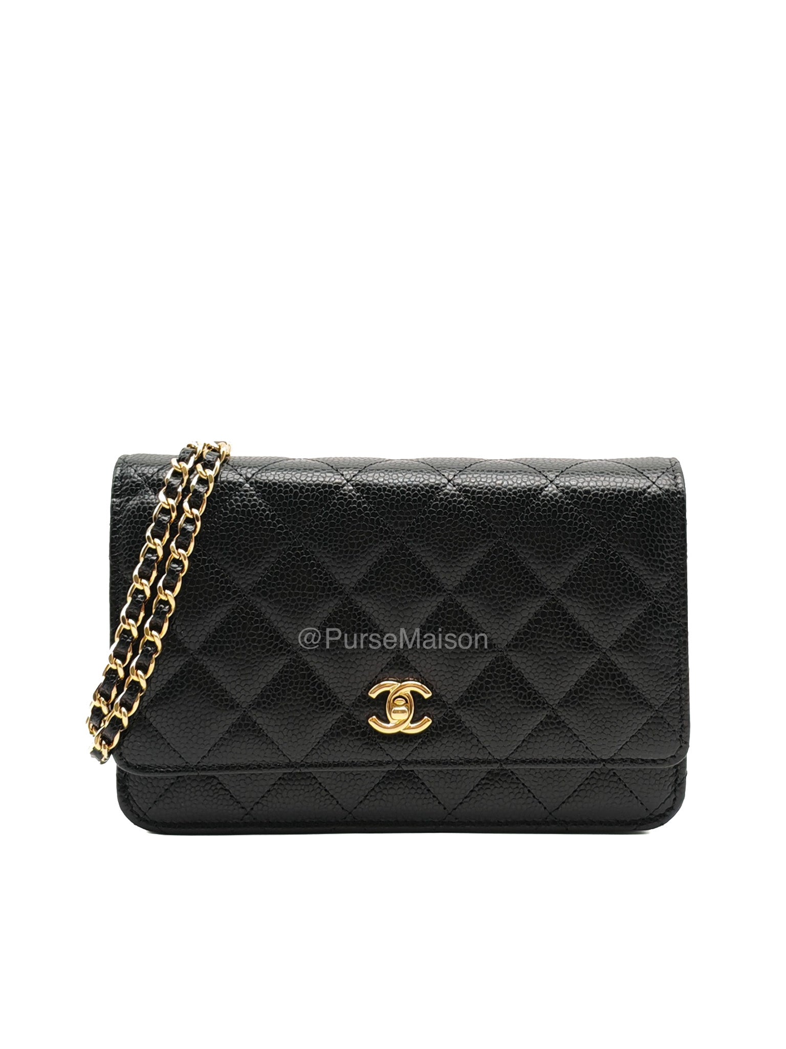 Chanel CC Turn-Lock Wallet on Chain(WOC) in Black Quilted Caviar Leather Gold Hardware (Microchip)