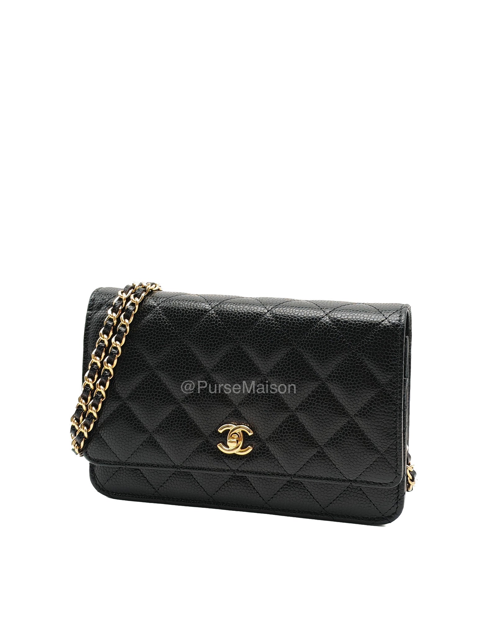 Chanel CC Turn-Lock Wallet on Chain(WOC) in Black Quilted Caviar Leather Gold Hardware (Microchip)