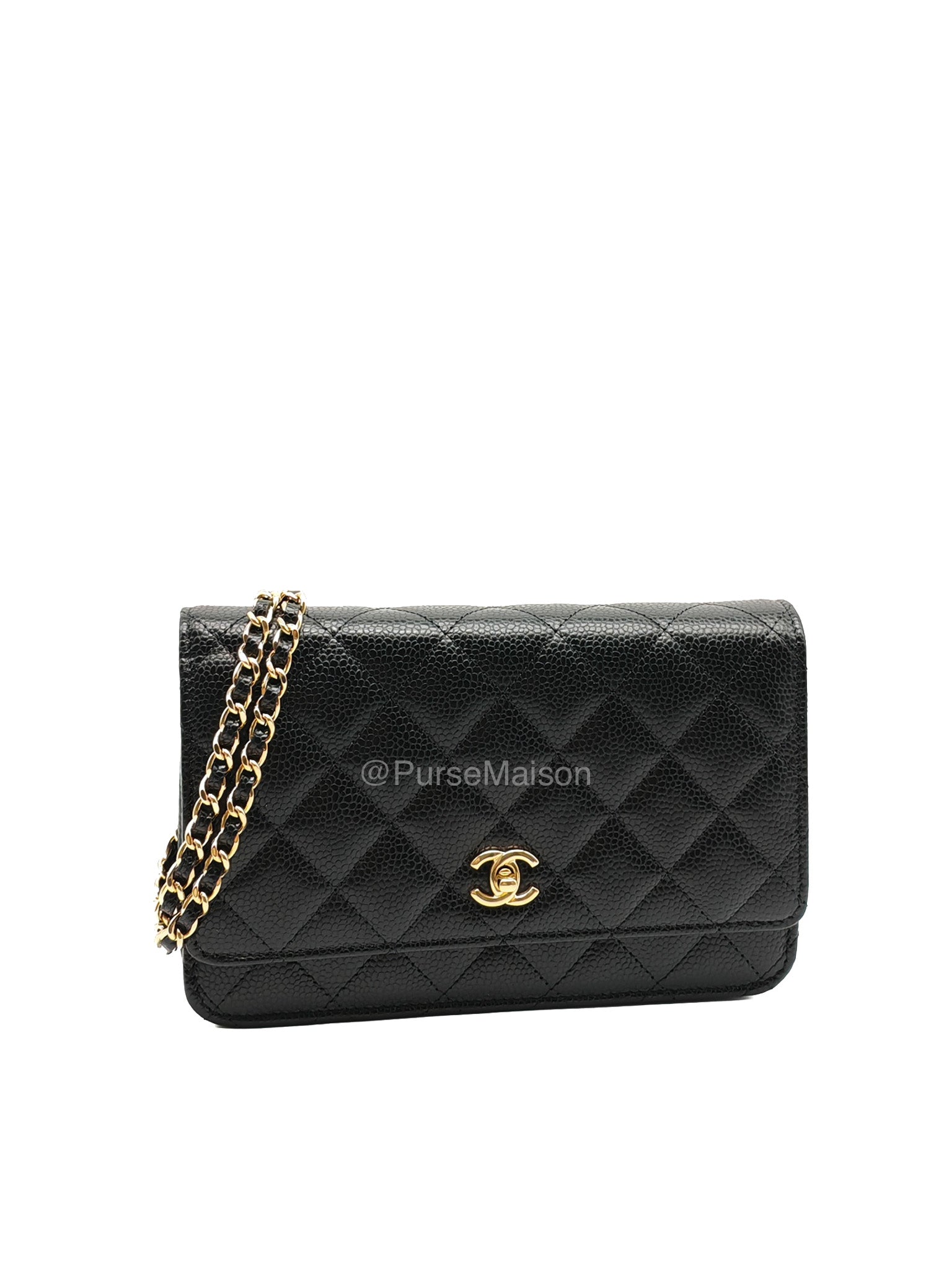 Chanel CC Turn-Lock Wallet on Chain(WOC) in Black Quilted Caviar Leather Gold Hardware (Microchip)