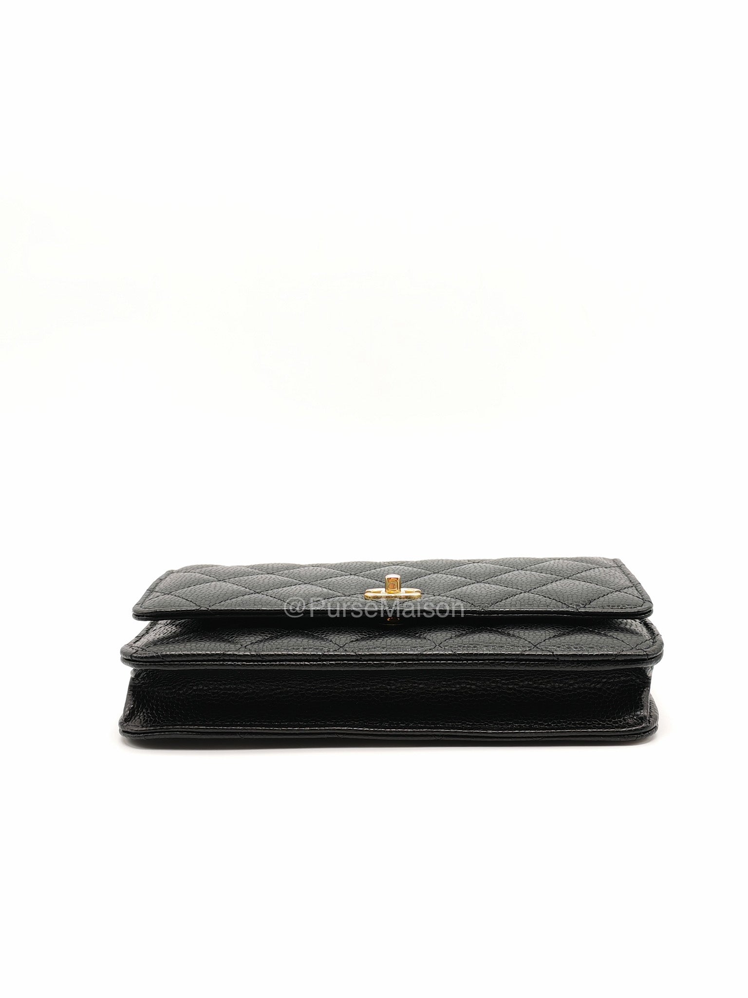 Chanel CC Turn-Lock Wallet on Chain(WOC) in Black Quilted Caviar Leather Gold Hardware (Microchip)