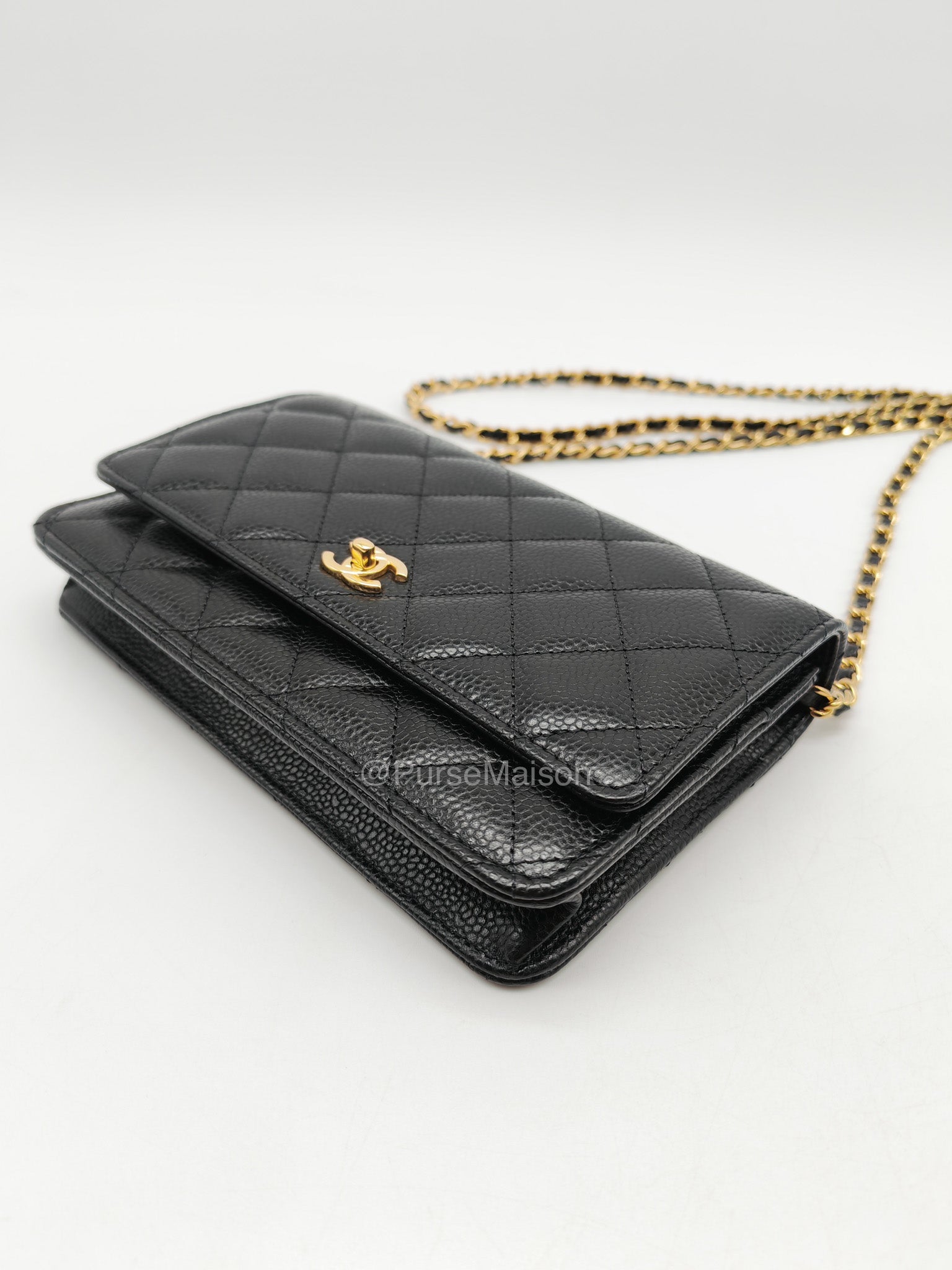 Chanel CC Turn-Lock Wallet on Chain(WOC) in Black Quilted Caviar Leather Gold Hardware (Microchip)