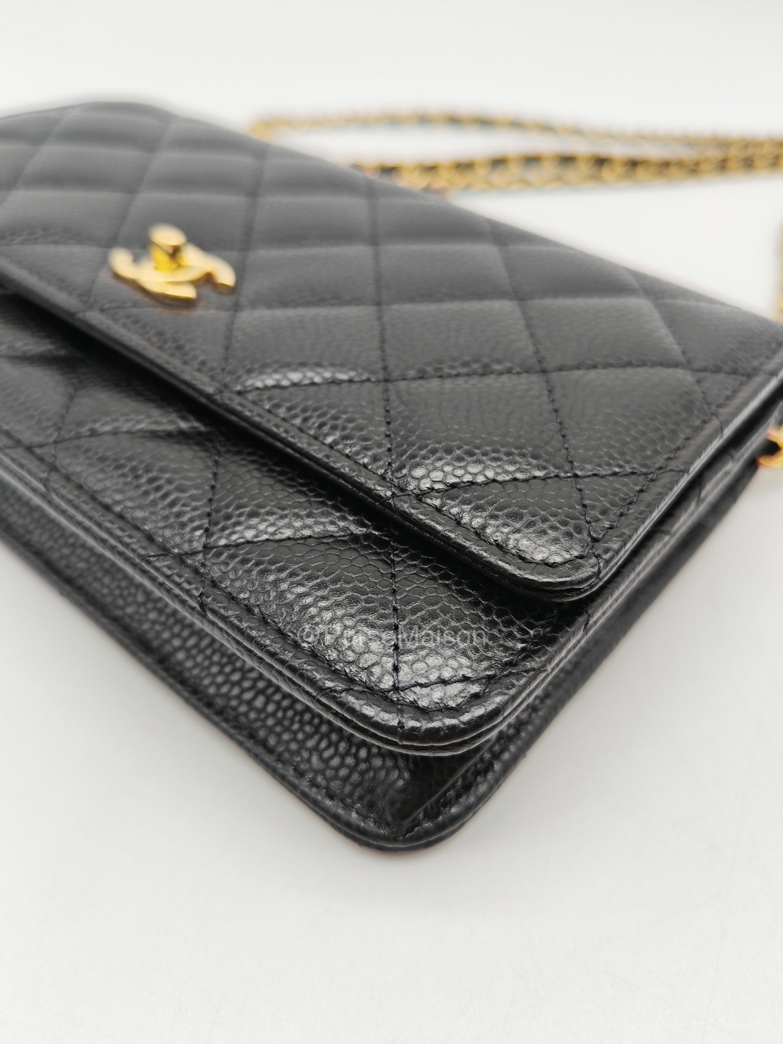 Chanel CC Turn-Lock Wallet on Chain(WOC) in Black Quilted Caviar Leather Gold Hardware (Microchip)