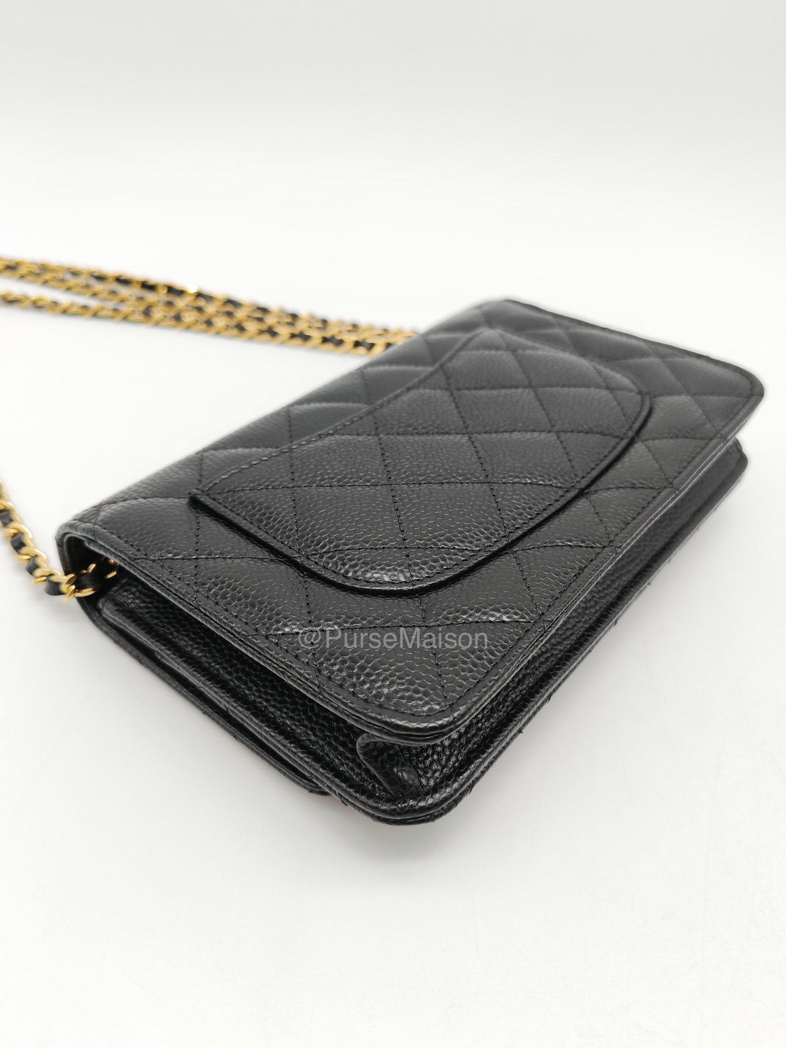 Chanel CC Turn-Lock Wallet on Chain(WOC) in Black Quilted Caviar Leather Gold Hardware (Microchip)