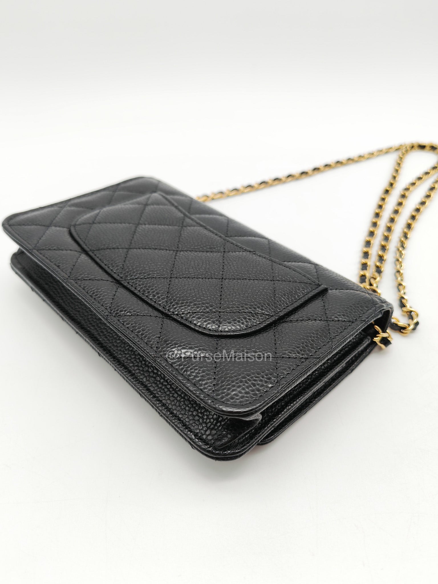 Chanel CC Turn-Lock Wallet on Chain(WOC) in Black Quilted Caviar Leather Gold Hardware (Microchip)