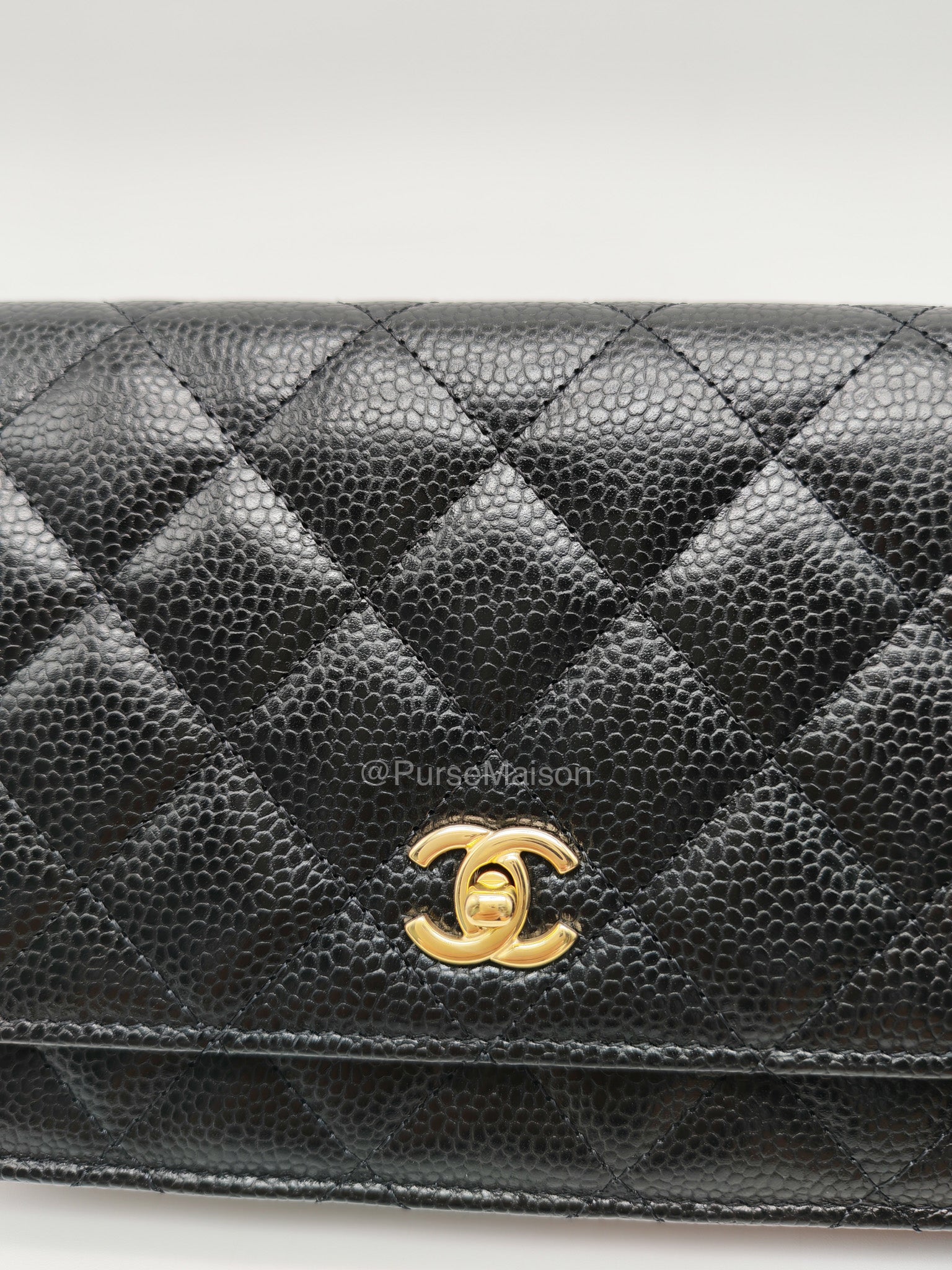 Chanel CC Turn-Lock Wallet on Chain(WOC) in Black Quilted Caviar Leather Gold Hardware (Microchip)