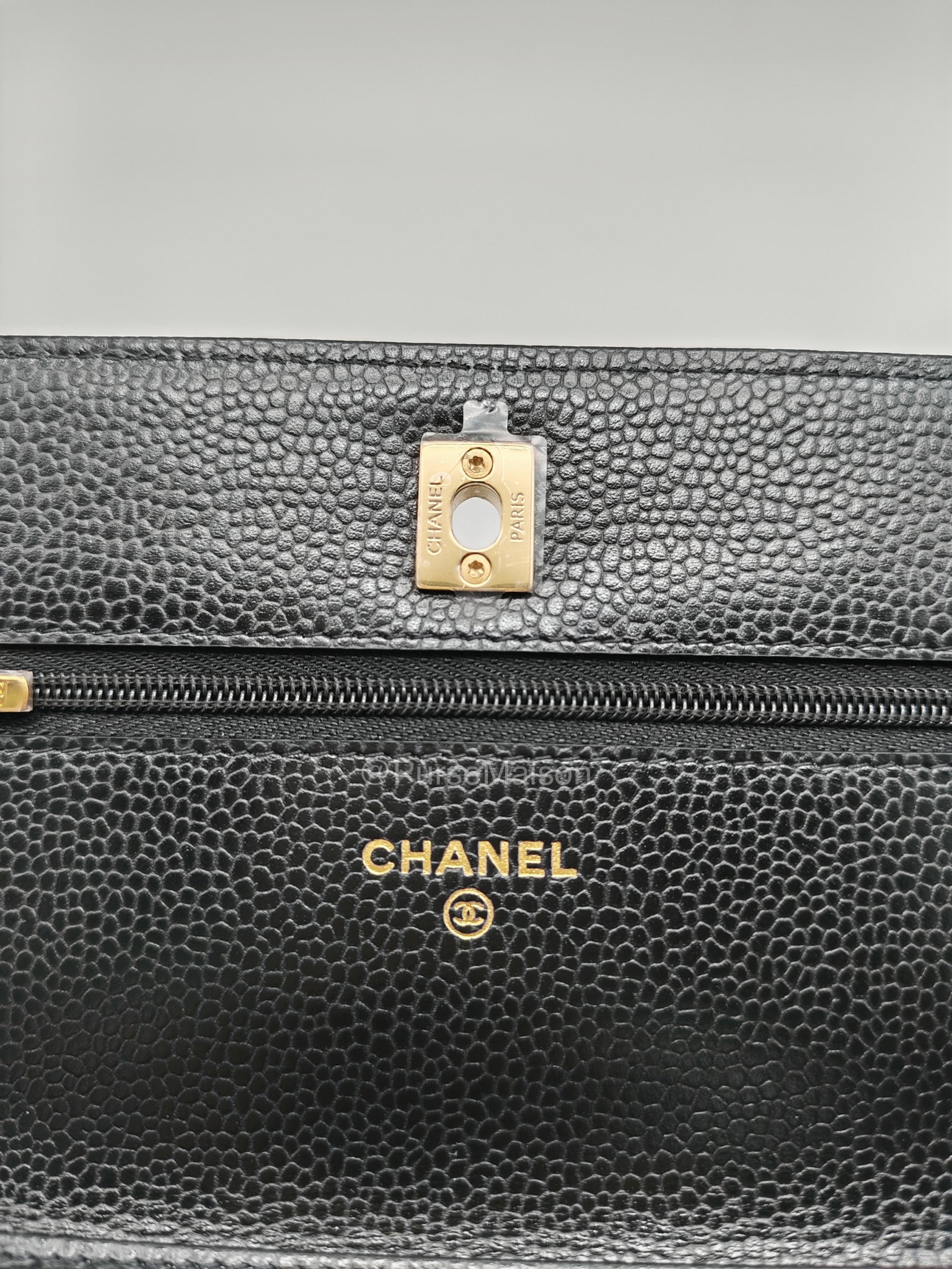 Chanel CC Turn-Lock Wallet on Chain(WOC) in Black Quilted Caviar Leather Gold Hardware (Microchip)