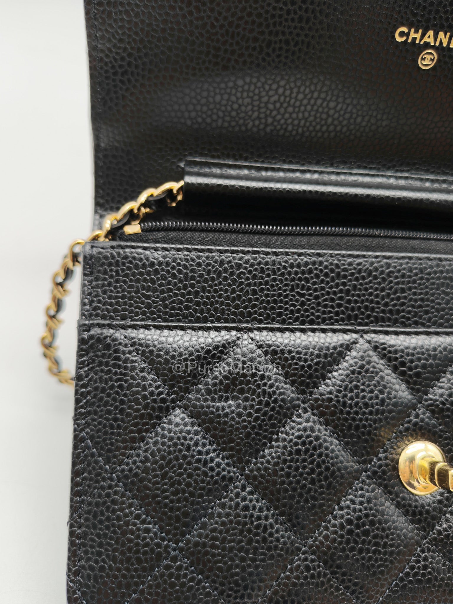 Chanel CC Turn-Lock Wallet on Chain(WOC) in Black Quilted Caviar Leather Gold Hardware (Microchip)