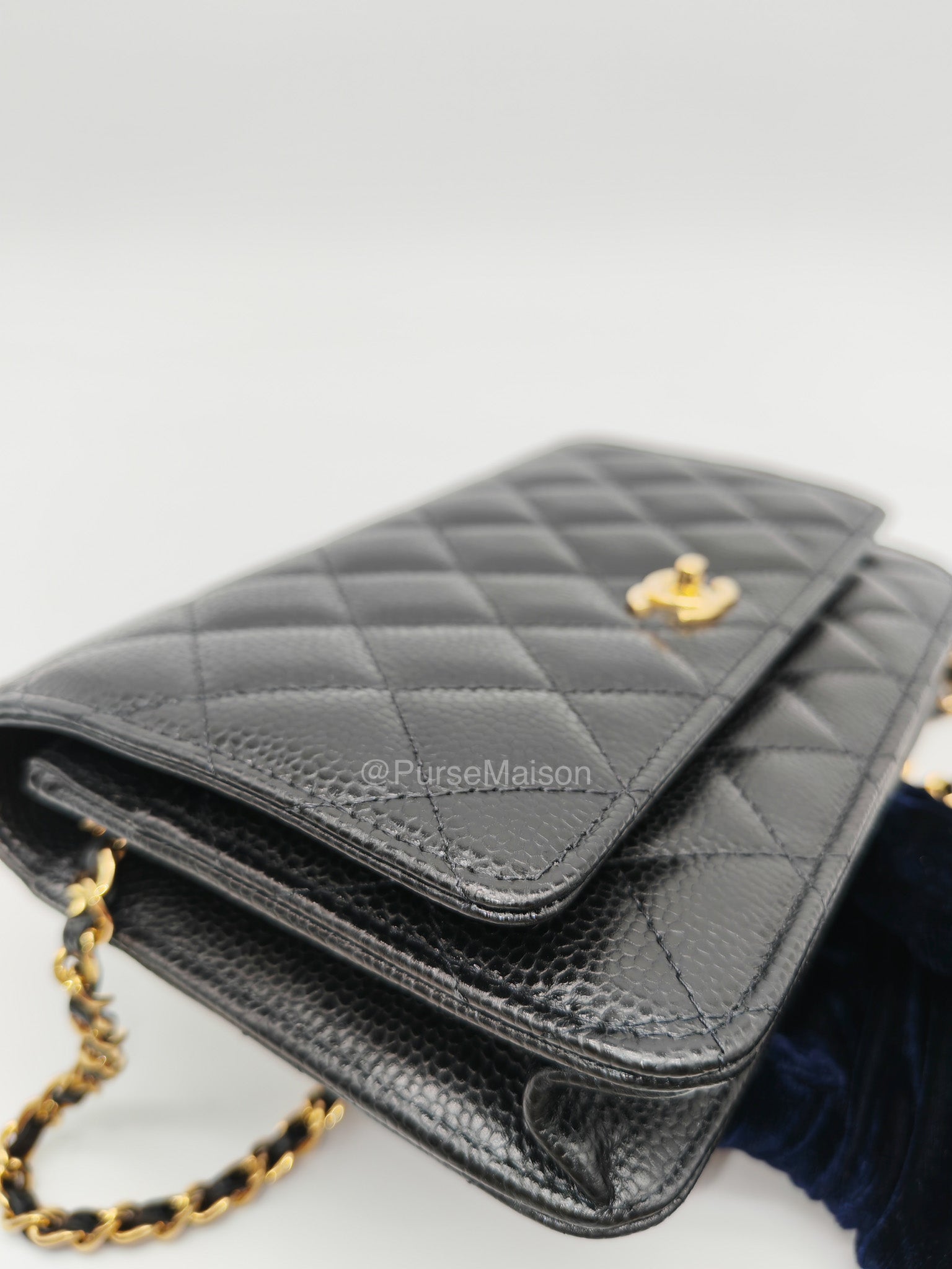 Chanel CC Turn-Lock Wallet on Chain(WOC) in Black Quilted Caviar Leather Gold Hardware (Microchip)