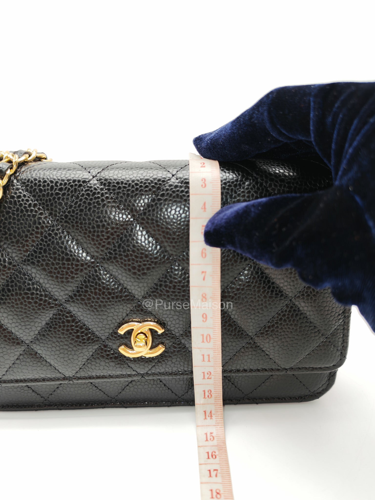 Chanel CC Turn-Lock Wallet on Chain(WOC) in Black Quilted Caviar Leather Gold Hardware (Microchip)