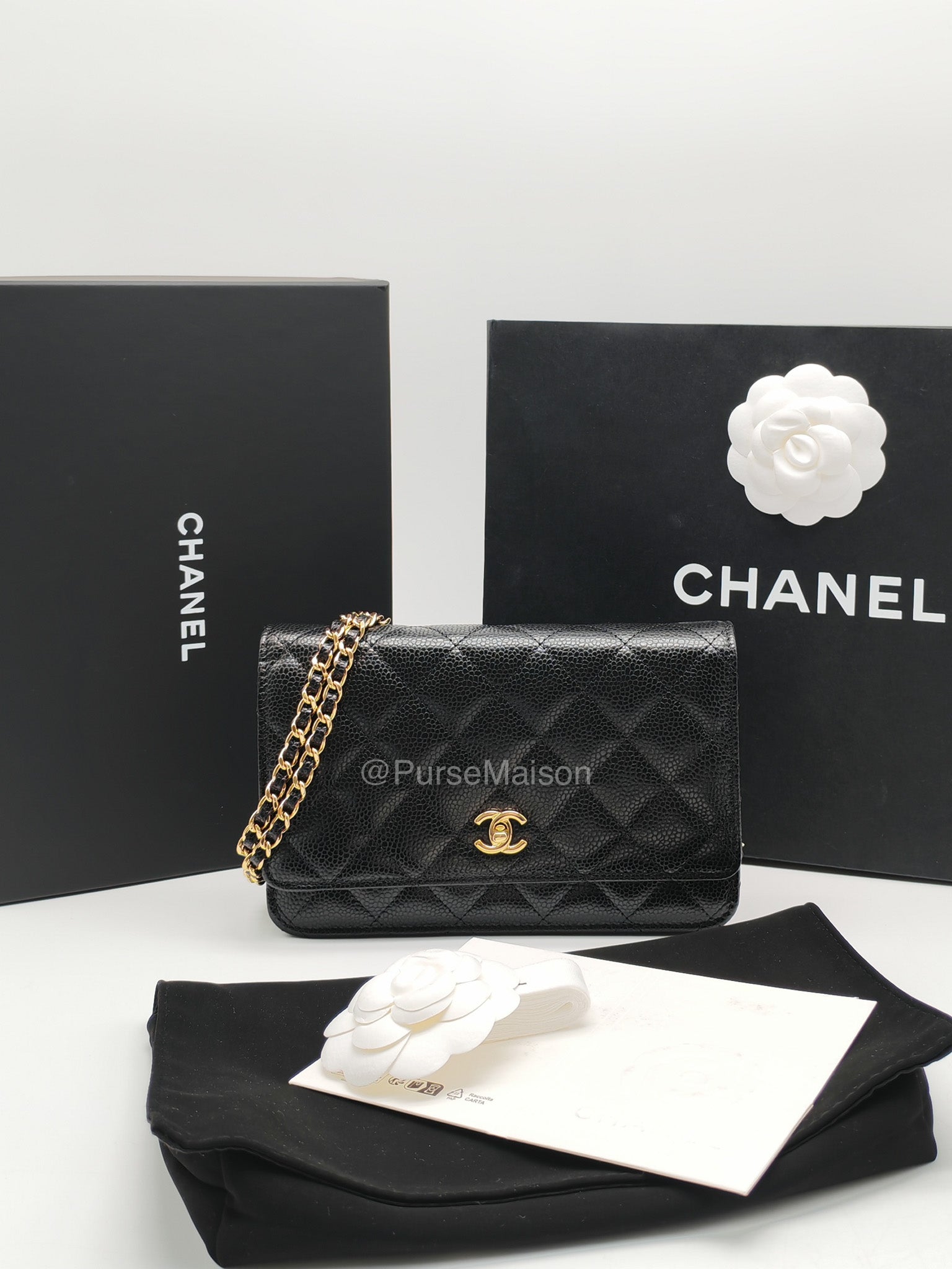 Chanel CC Turn-Lock Wallet on Chain(WOC) in Black Quilted Caviar Leather Gold Hardware (Microchip)