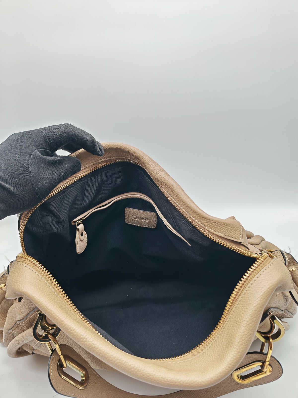 Chloe Paraty Shoulder Bag in Beige Grained Calfskin Leather and Gold Hardware