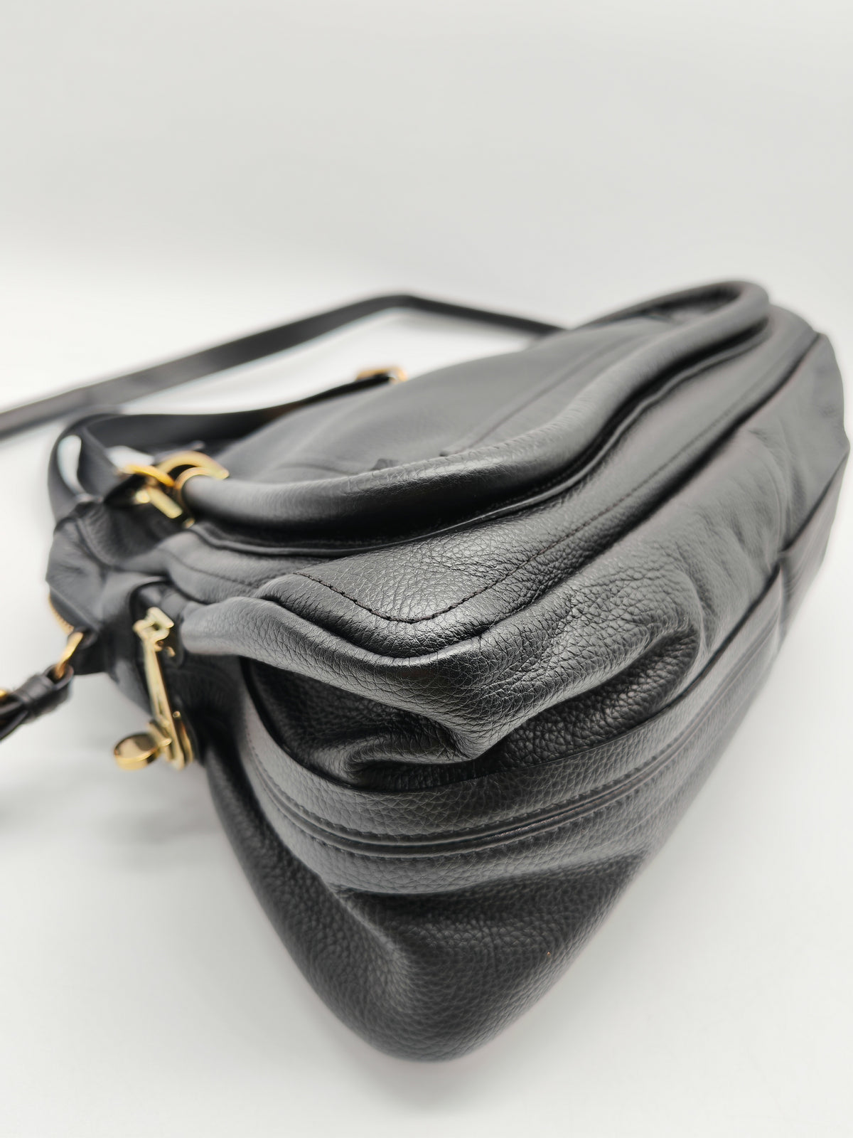 Chloe Paraty Top Handle Shoulder Bag in Black Grained Calfskin Leather and Gold Hardware
