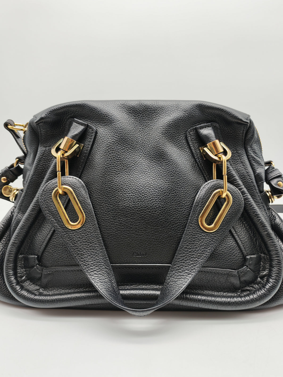Chloe Paraty Top Handle Shoulder Bag in Black Grained Calfskin Leather and Gold Hardware