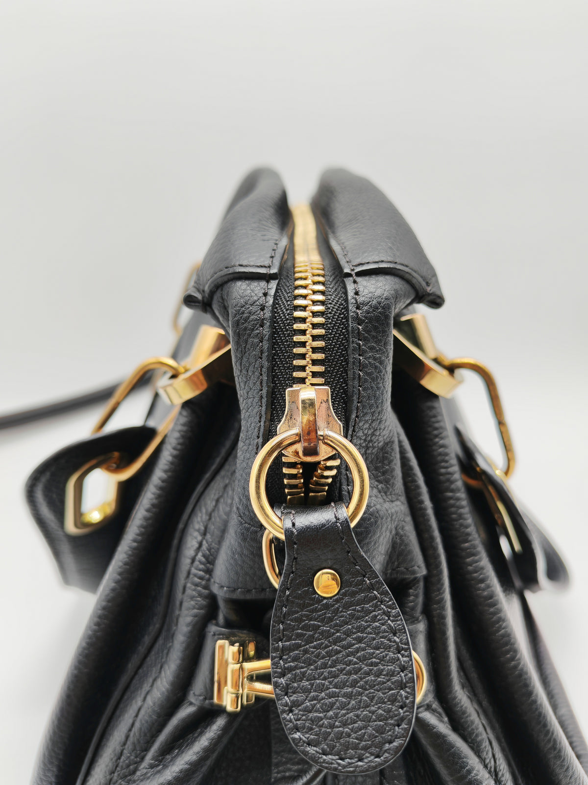 Chloe Paraty Top Handle Shoulder Bag in Black Grained Calfskin Leather and Gold Hardware