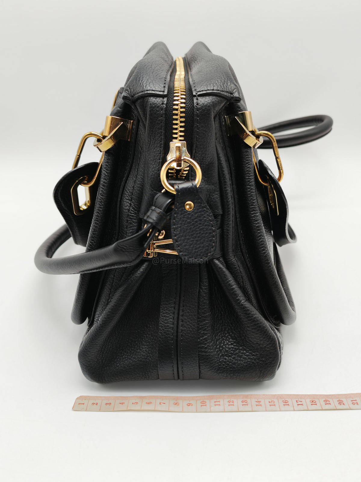 Chloe Paraty Top Handle Shoulder Bag in Black Grained Calfskin Leather and Gold Hardware