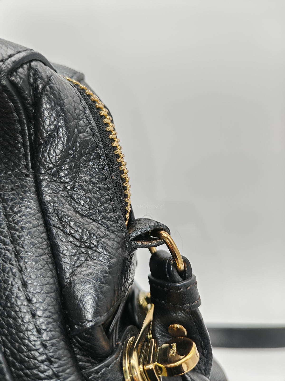 Chloe Paraty Top Handle Shoulder Bag in Black Grained Calfskin Leather and Gold Hardware